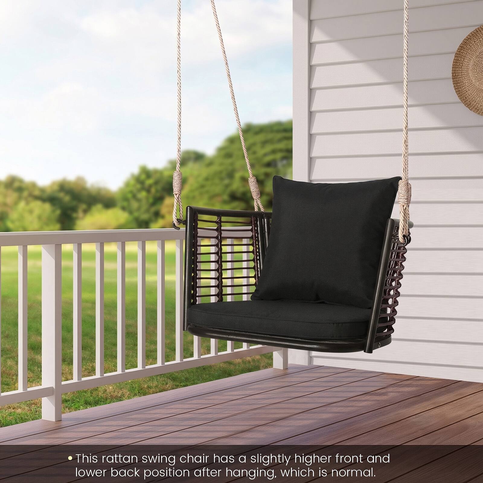 This rattan swing chair has a slightly higher front and lower back position after hanging, which is normal.