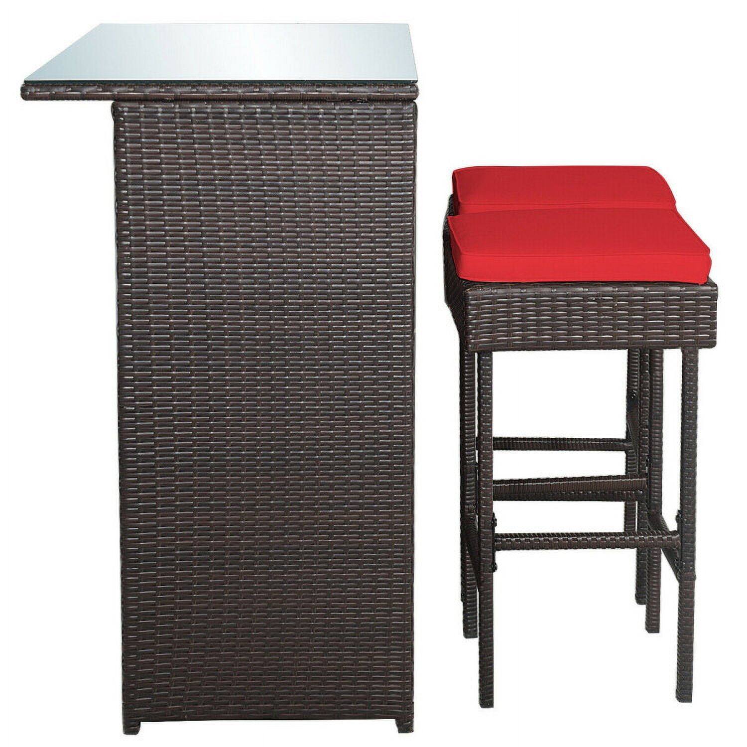 Back. Pefilos - 3-Piece 3PCS Patio Rattan Wicker Bar Table Stools Dining Set-Red, Wicker Furniture Conversation Sets, Coffee Table - Red.