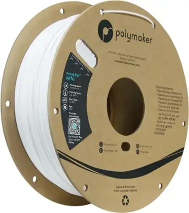 PolyLite 300g PETG 30-50mm/s 230-240C 70-80C Fanc OFF 800g 600% 450% 300g 30-Drucker 30 30 30 Polymaker.3D Polymaker Spool & Box made from recycled material