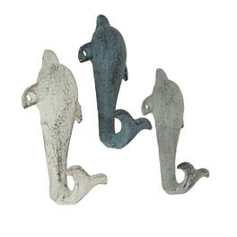 Zeckos - Set of 3 Colorful Coastal Cast Iron Dolphin Decorative Wall Hooks 5 inch - Multicolored