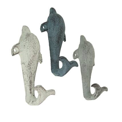 Front. Zeckos - Set of 3 Colorful Coastal Cast Iron Dolphin Decorative Wall Hooks 5 inch - Multicolored.