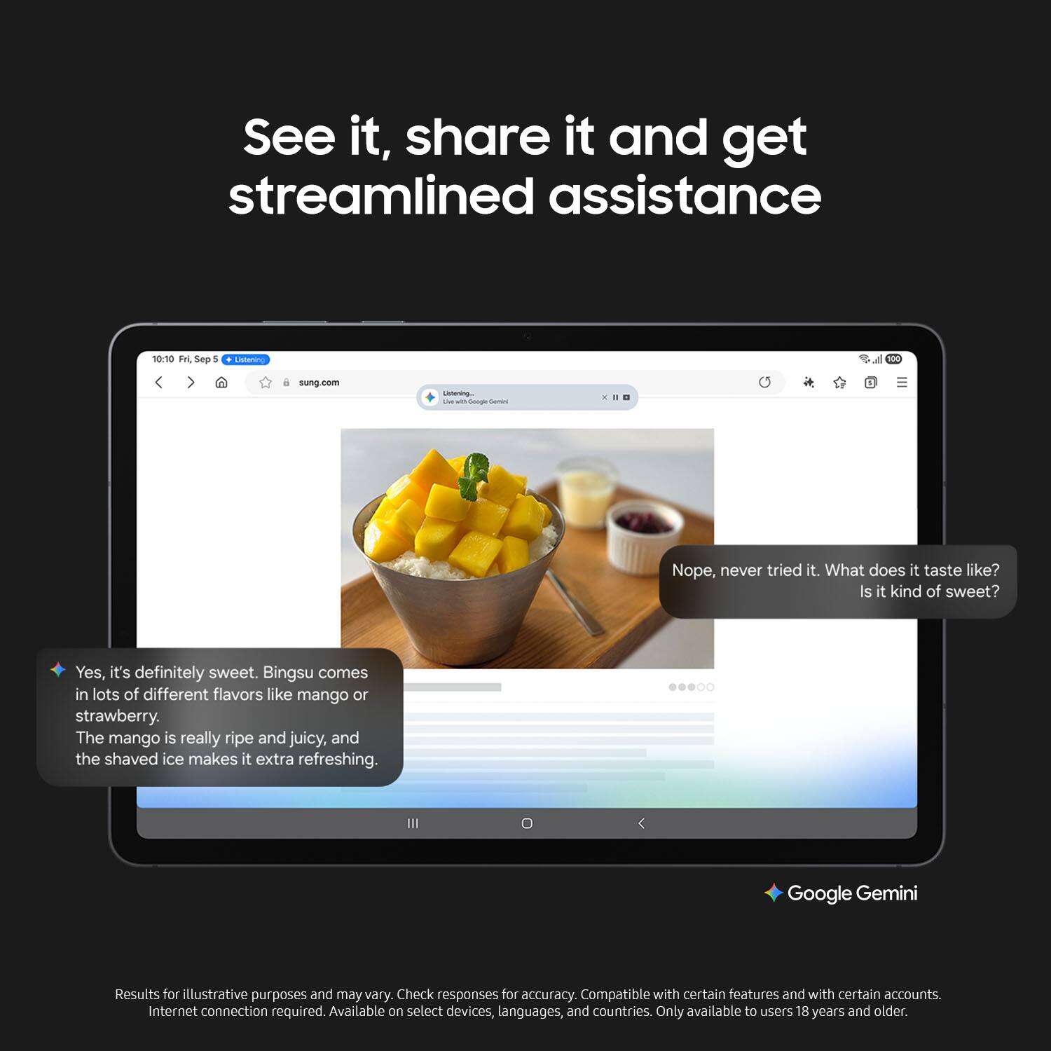 Sure, here is the corrected and grouped text:

---

**See it, share it and get streamlined assistance**

---

**10/10 Fri, Sep 5**  
**LiVnaning**  
**sung.com**

---

**Nope, never tried it. What does it taste like? Is it kind of sweet?**

---

**Yes, it's definitely sweet. Bingsu comes in lots of different flavors like mango or strawberry. The mango is really ripe and juicy, and the shaved ice makes it extra refreshing.**

---

**Google Gemini**  
*Results for illustrative purposes and may vary. Check responses for accuracy. Compatible with certain features and with certain accounts. Internet connection required. Available on select devices, languages, and countries. Only available to users 18 years and older.*

---