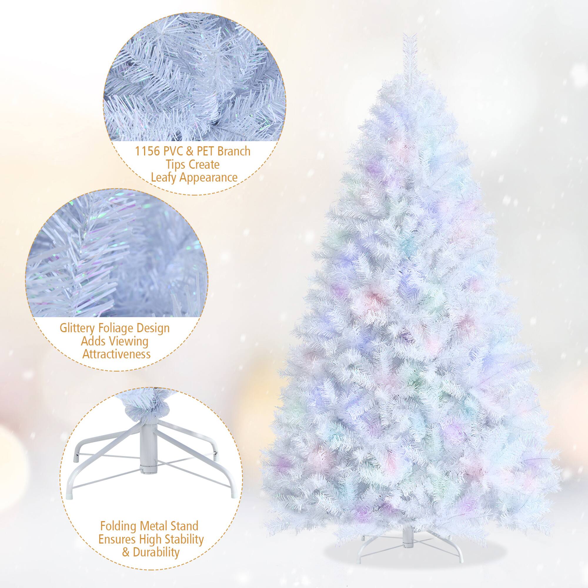 1. 1156 PVC & PET Branch Tips Create Leafy Appearance
2. Glittery Foliage Design Adds Viewing Attractiveness
3. Folding Metal Stand Ensures High Stability & Durability