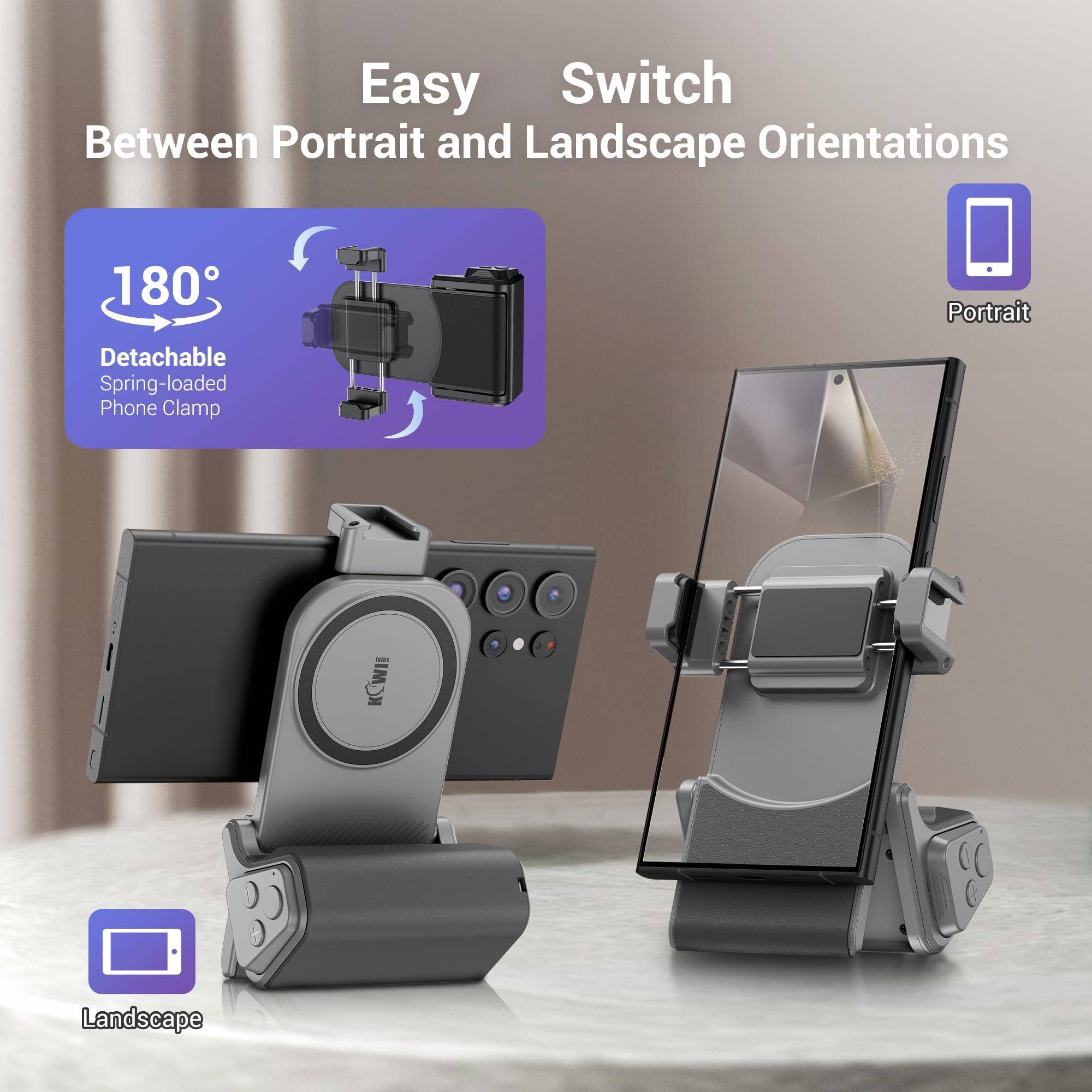 Easy Switch Between Portrait and Landscape Orientations

180° Detachable Spring-loaded Phone Clamp

Portrait

Landscape