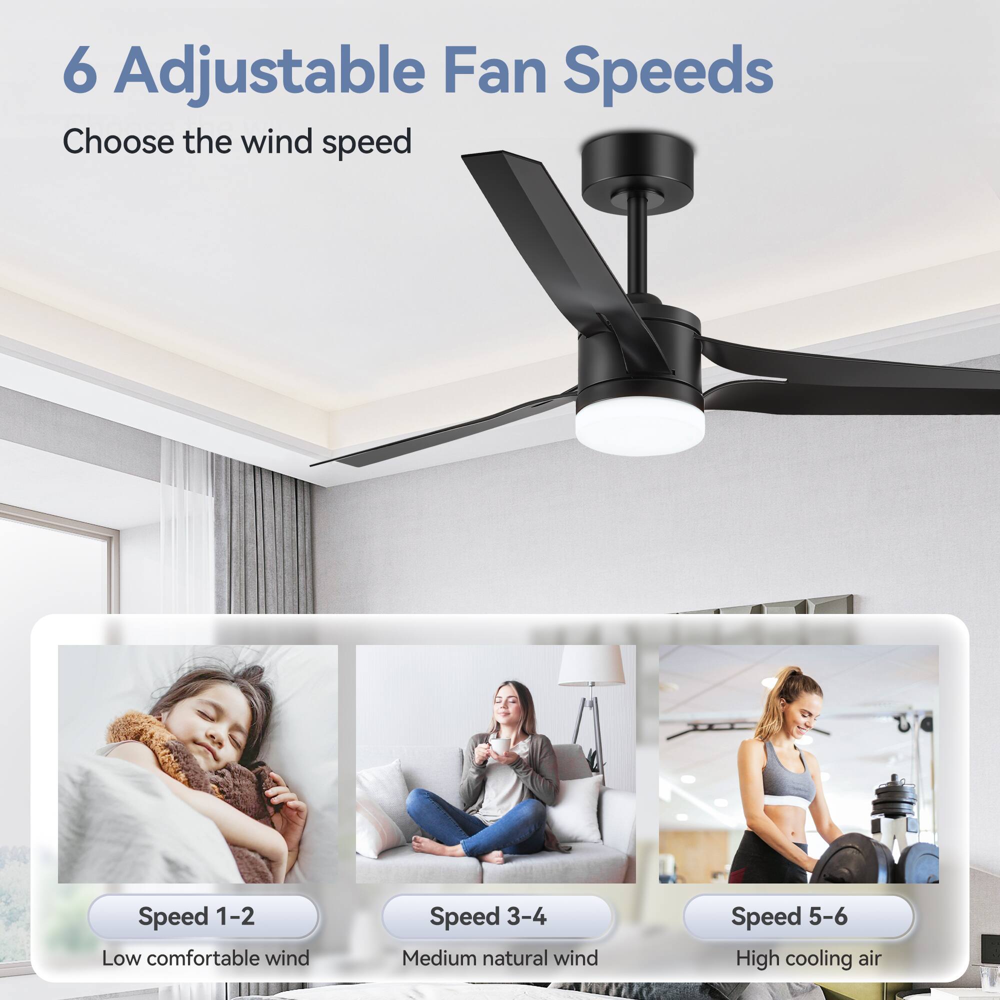 6 Adjustable Fan Speeds

Choose the wind speed

Speed 1-2 Low comfortable wind

Speed 3-4 Medium natural wind

Speed 5-6 High cooling air