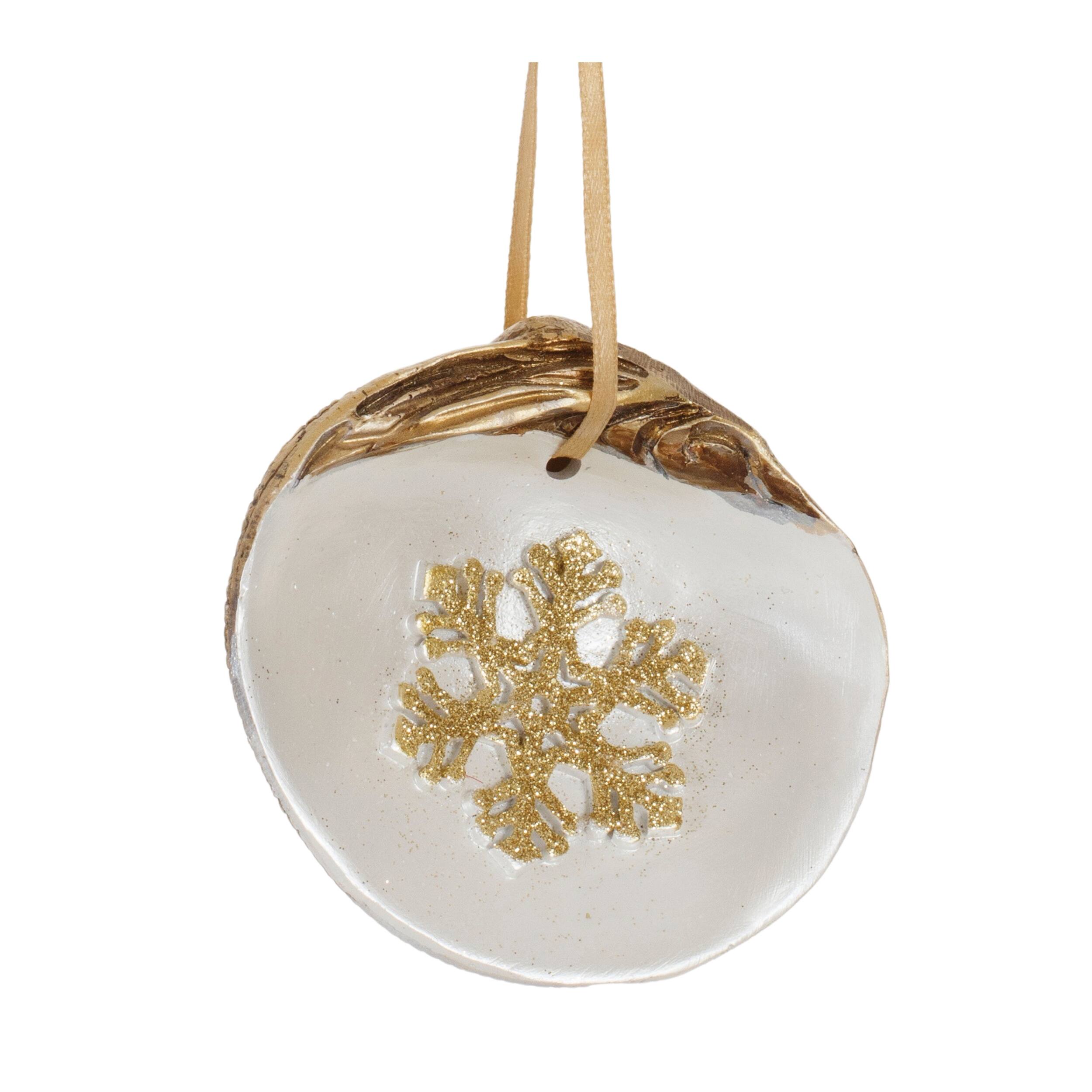 Left. BreeBe - Clam Shell Snowflake Ornament (Set of 12) - Gold, White.