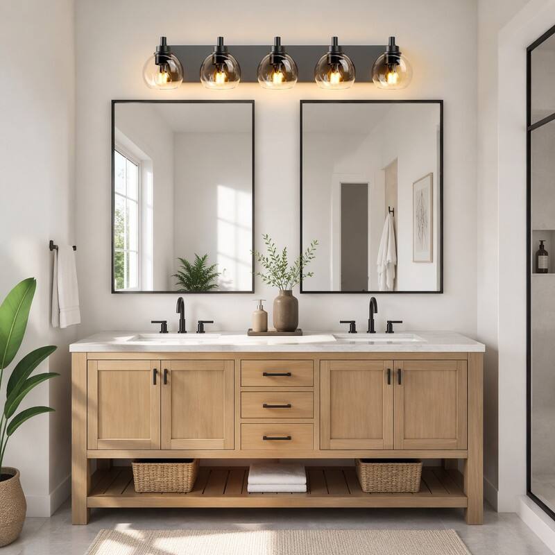 Back. RYHNUYNE - Modern 5-Light Black Vanity Light with Clear Globe Shades for Bathroom Mirror, Wall Sconce Fixture, Dimmable E26 Sockets.