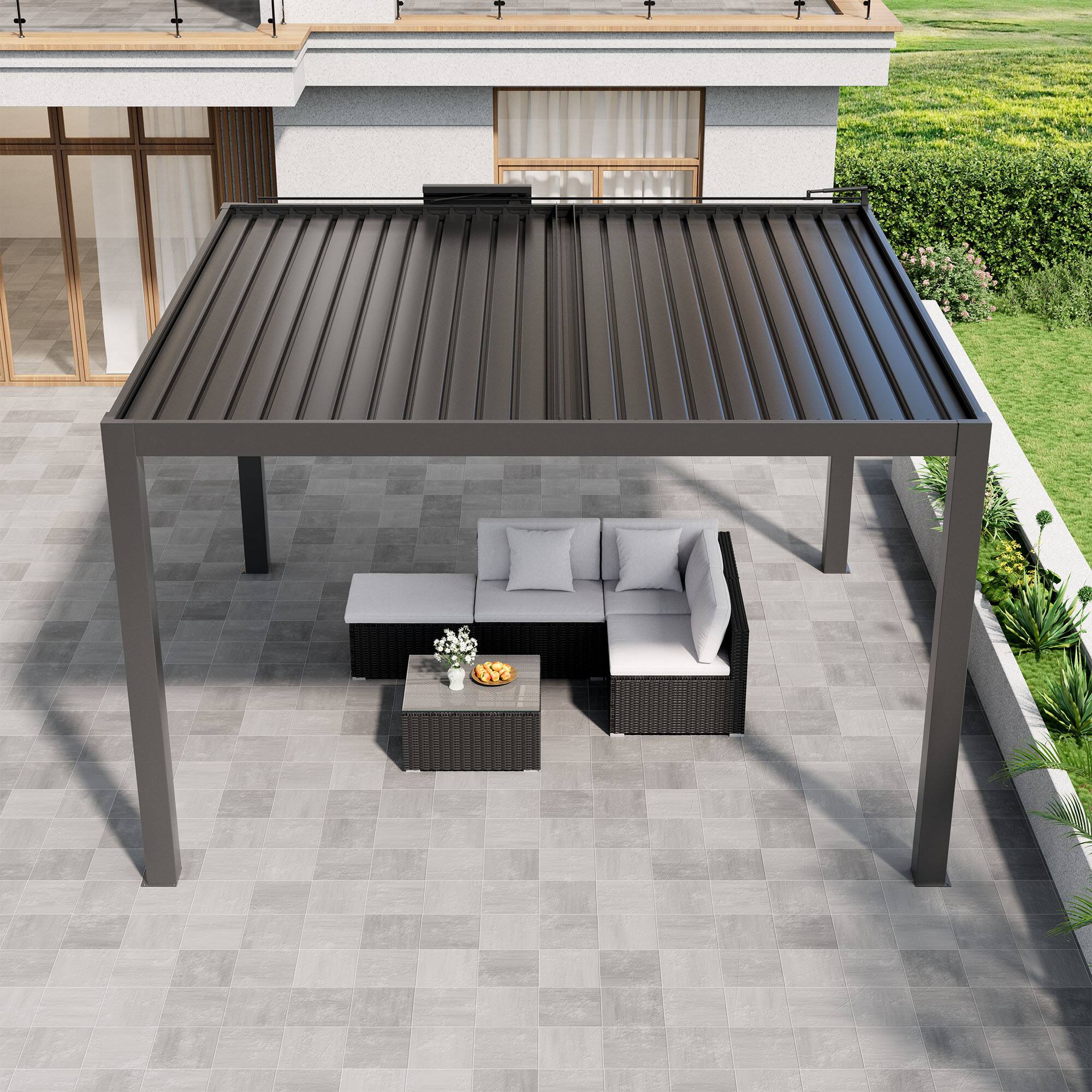 Left. Mondawe - 13ft x 14ft Solar-Powered Aluminum Pergola with Adjustable Louvers,Remote Control and Hidden Drainage System - Grey.