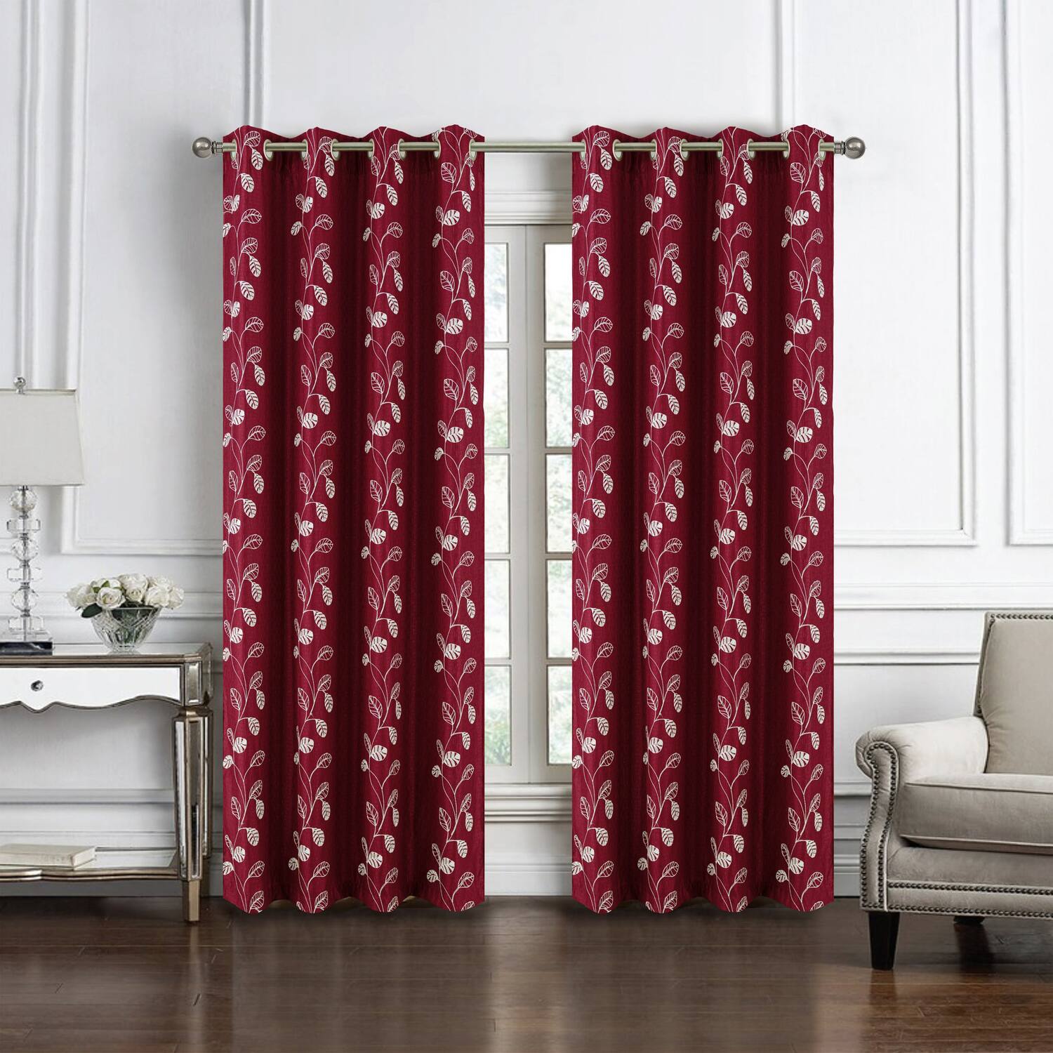 Angle. RT Designers Collection - RT Designers Collection 100% Polyester 140 GSM Reed Embroidered Grommet Curtain Panel 54" x 90" Burgundy - Burgundy.
