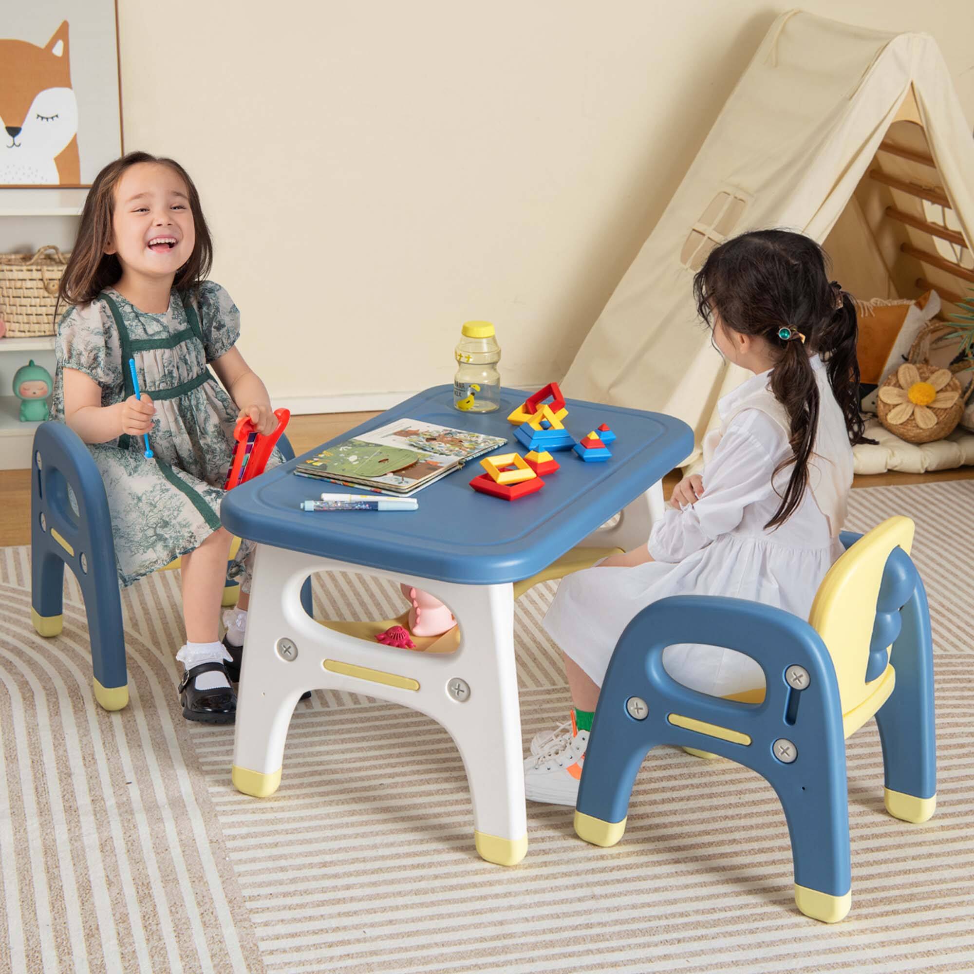 Alt View 1. Costway - Costway Kids Table and 2 Chairs Set Activity Art Desk with Storage Shelf & Building Blocks - Blue,Yellow.