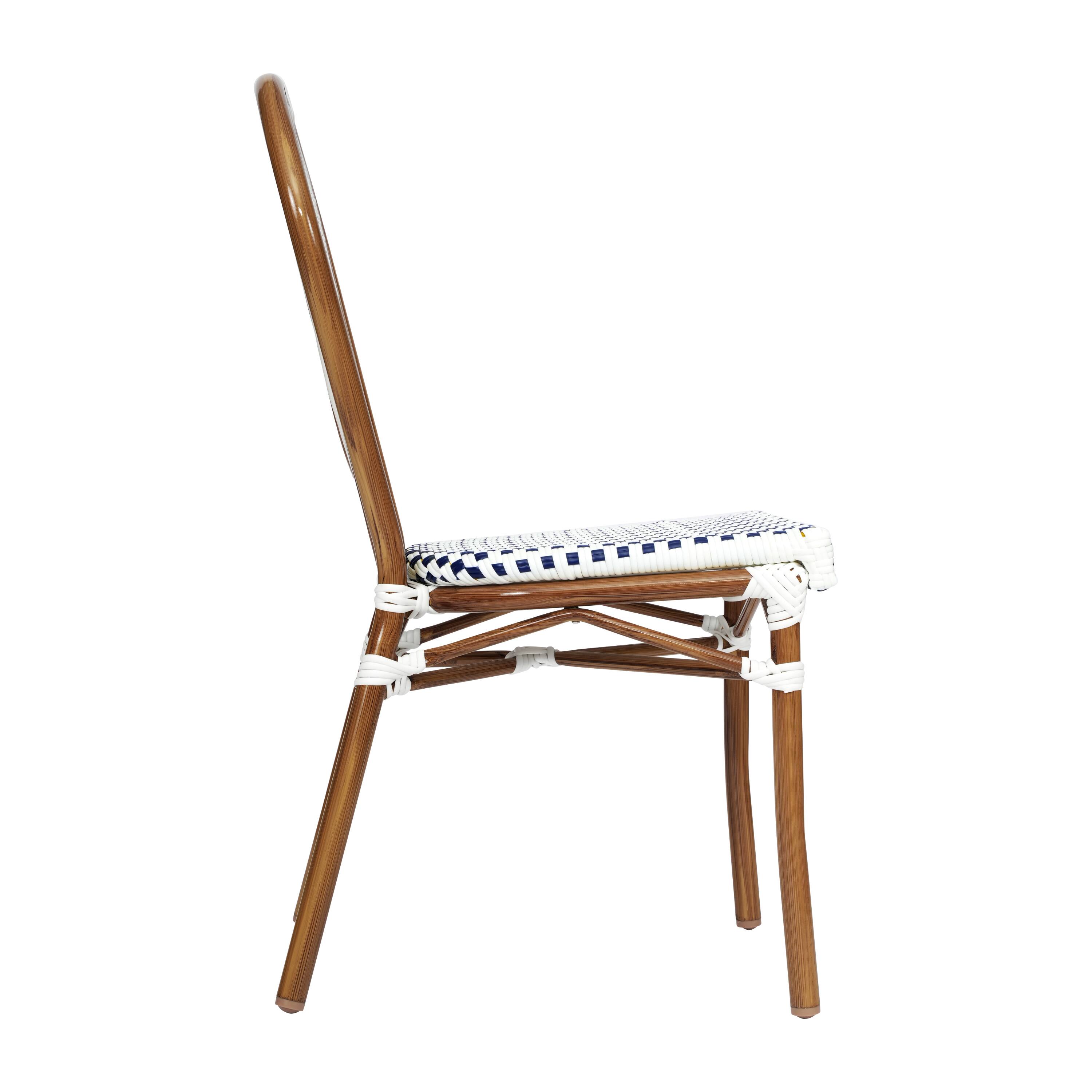 Alt View 8. Emma + Oliver - Colmar Set of Four Indoor/Outdoor Stacking Thonet Bistro Style Chairs with PE Rattan Seat and Metal Frame - White & Navy/Natural Frame.