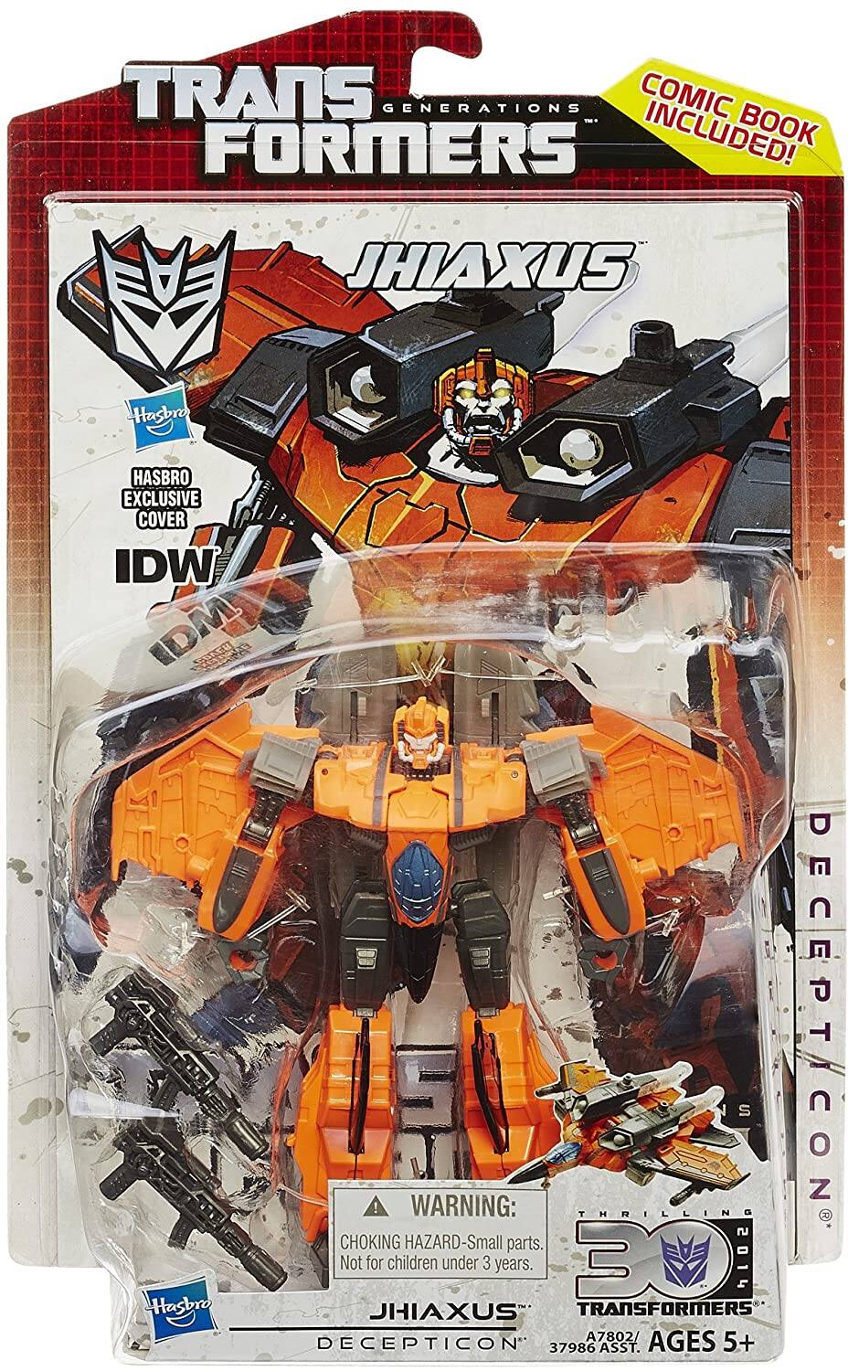 TRANSFORMERS GENERATIONS - FORMERS INCLUDED! COMIC BOOK INCLUDED!  
JHIAXUS  
HASBRO EXCLUSIVE COVER  
IDW  

WARNING: NS DECEPTICON THRILLING  
CHOKING HAZARD - Small parts. Not for children under 3 years.  

3 2014  
Hasbro  
JHIAXUS  
TRANSFORMERS  
A7802/ AGES DECEPTICON 37986 ASST. 5+