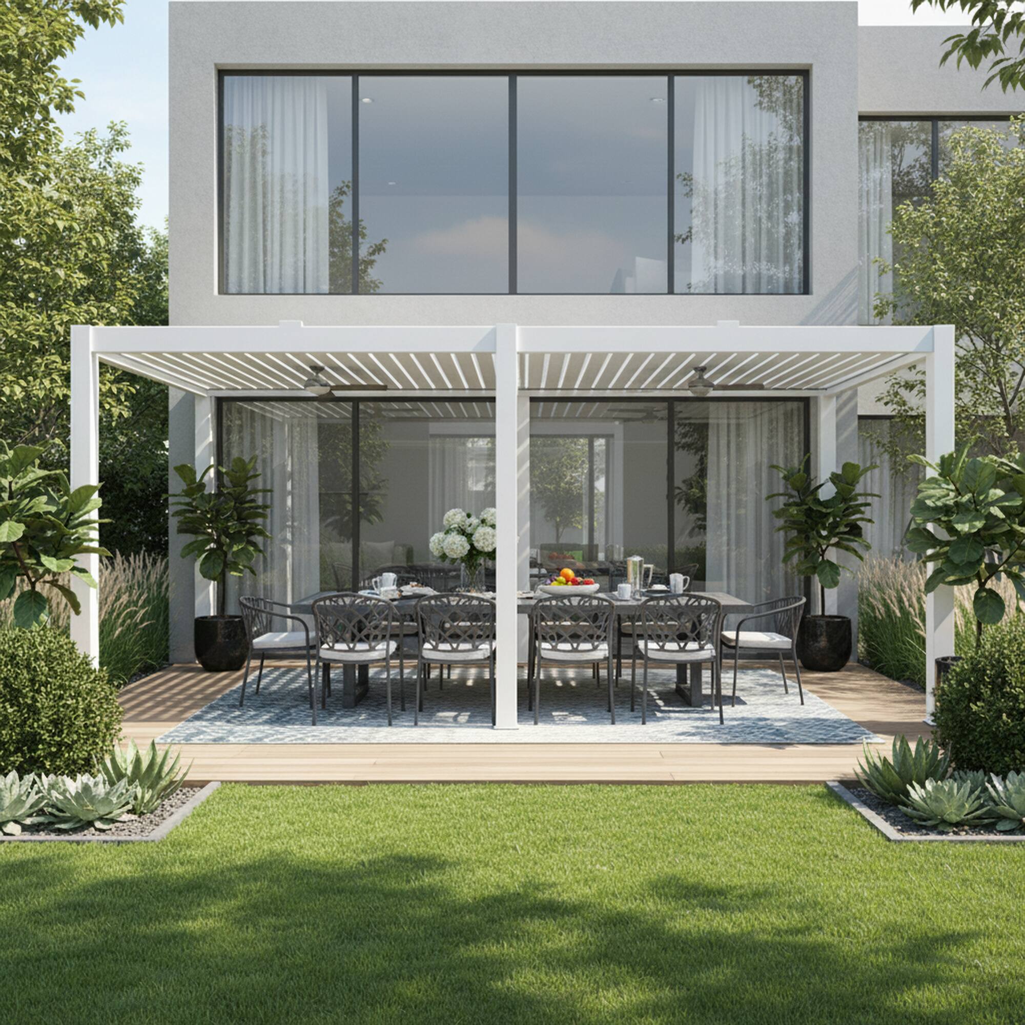 Angle. Mondawe - 13ft x 26ft Solar-Powered Aluminum Pergola with Adjustable Louvers and Hidden Drainage System - White.