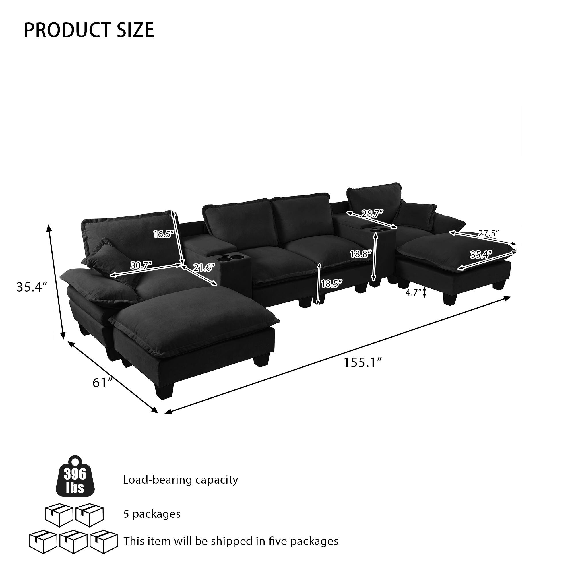 PRODUCT SIZE

- 155.1"
- 61"
- 35.4"
- 28.7"
- 27.5"
- 30.7"
- 21.6"
- 18.8"
- 18.5"
- 4.7"

Load-bearing capacity: 396 lbs

5 packages

This item will be shipped in five packages