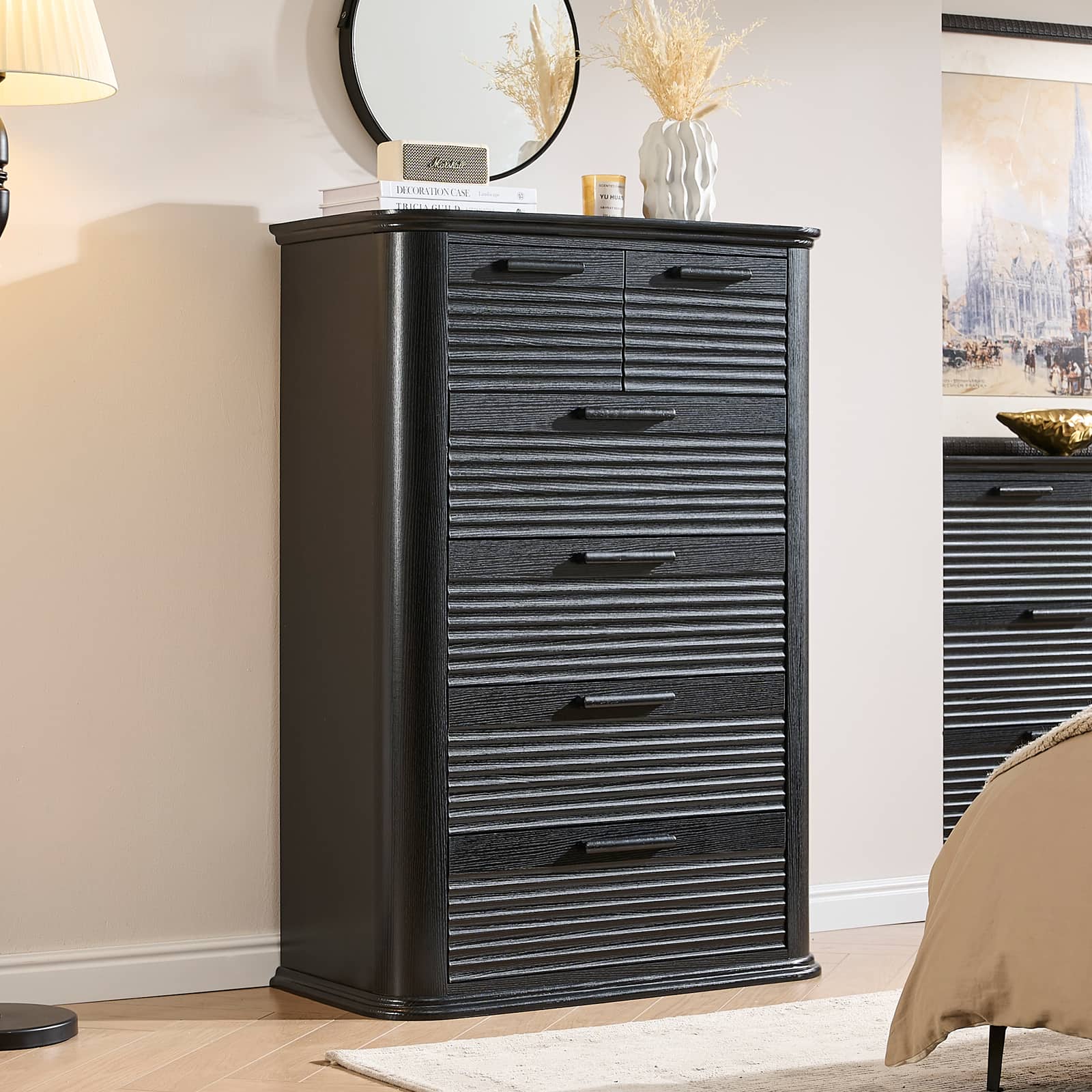 Forest'nSky - Wood 6 drawer 31.5 in. Wide Chest of Drawers with Curved Profile Design for Living Room - Black