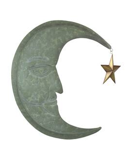 Zeckos - Weathered Verdigris Finish Metal Crescent Moon Wall Hanging Star Dangler - Green