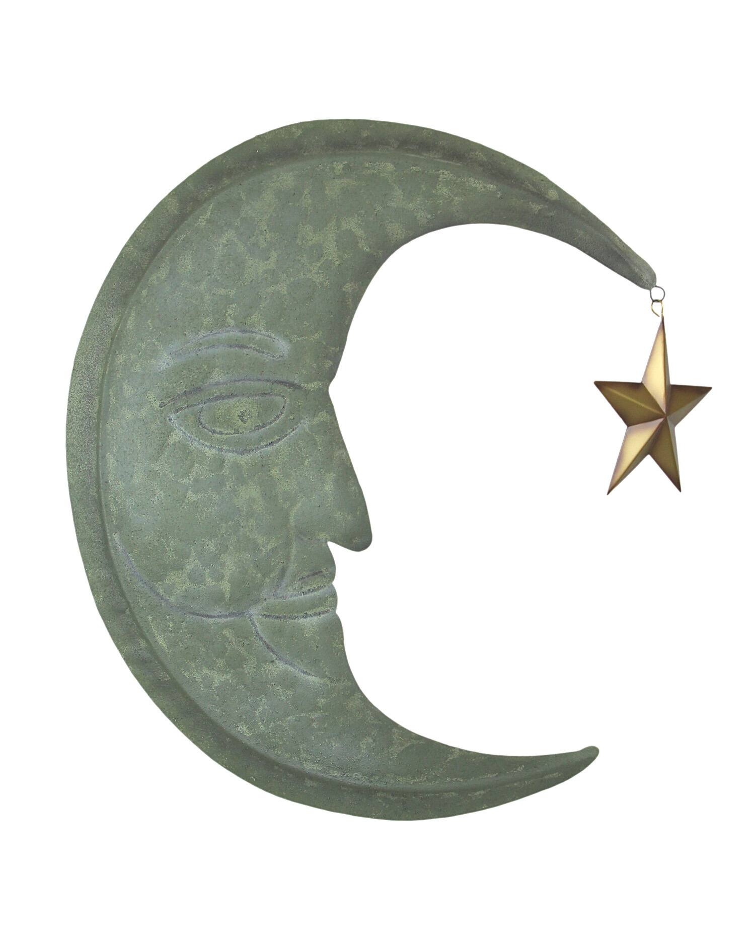 Front. Zeckos - Weathered Verdigris Green Finish Metal Crescent Moon Wall Hanging Star Dangler - Green.