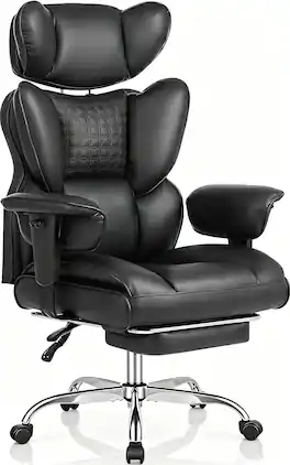 Sweet - High Back Executive Office Chair with Footrest and Adjustable Armrests , Big and Tall PU Leather Gaming Chair - Black