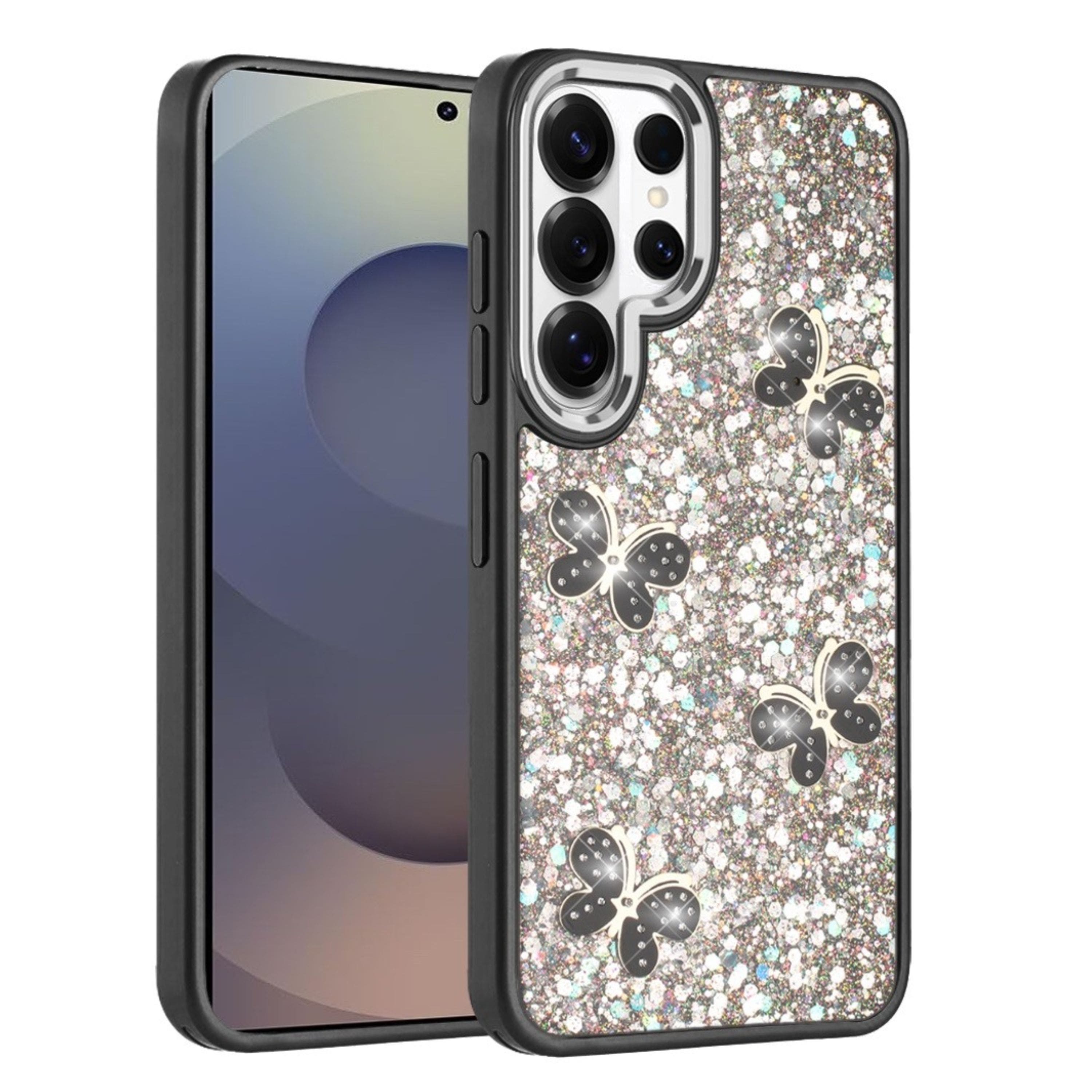 Kitcheniva - Full Glitter Flakes & Butterflies Design Phone Case With Tempered Glass For Samsung S26 Ultra - Black price history on PriceWatchPro