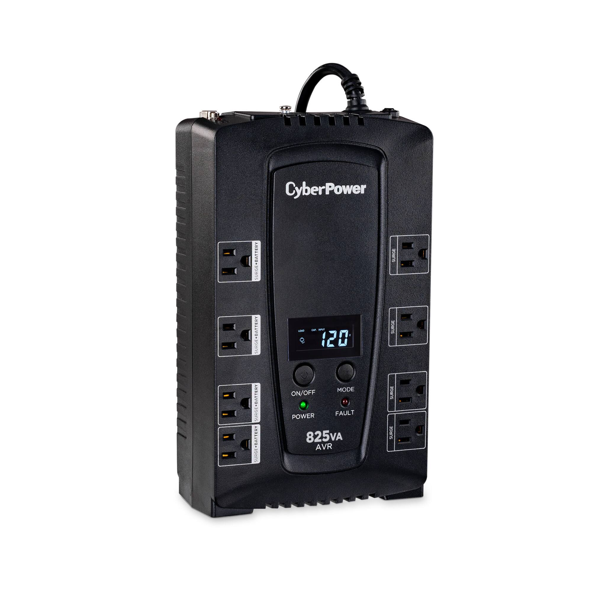 CyberPower PRATTERT i I ABE AnivorkSm Jo815 1E01 SURGEADATTERY w8r TRAER SUNGE - - - 120 MODE ON/OFF FAULT POWER 825VA AVR - SBA