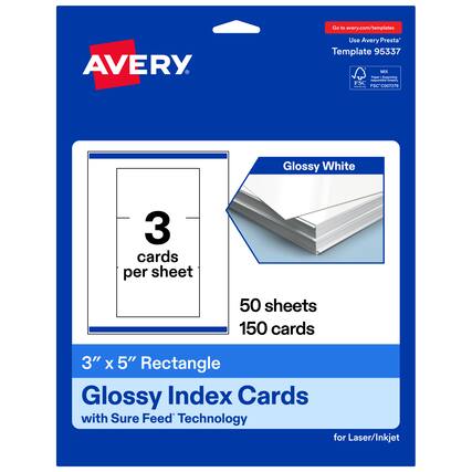 Go to avery.com/templates
AVERY
Use Avery Presta™ Template 95337
MIX Paper | Supporting FSC® C007276
Glossy White
3 cards per sheet
50 sheets
150 cards
3" x 5" Rectangle
Glossy Index Cards with Sure Feed™ Technology for Laser/Inkjet