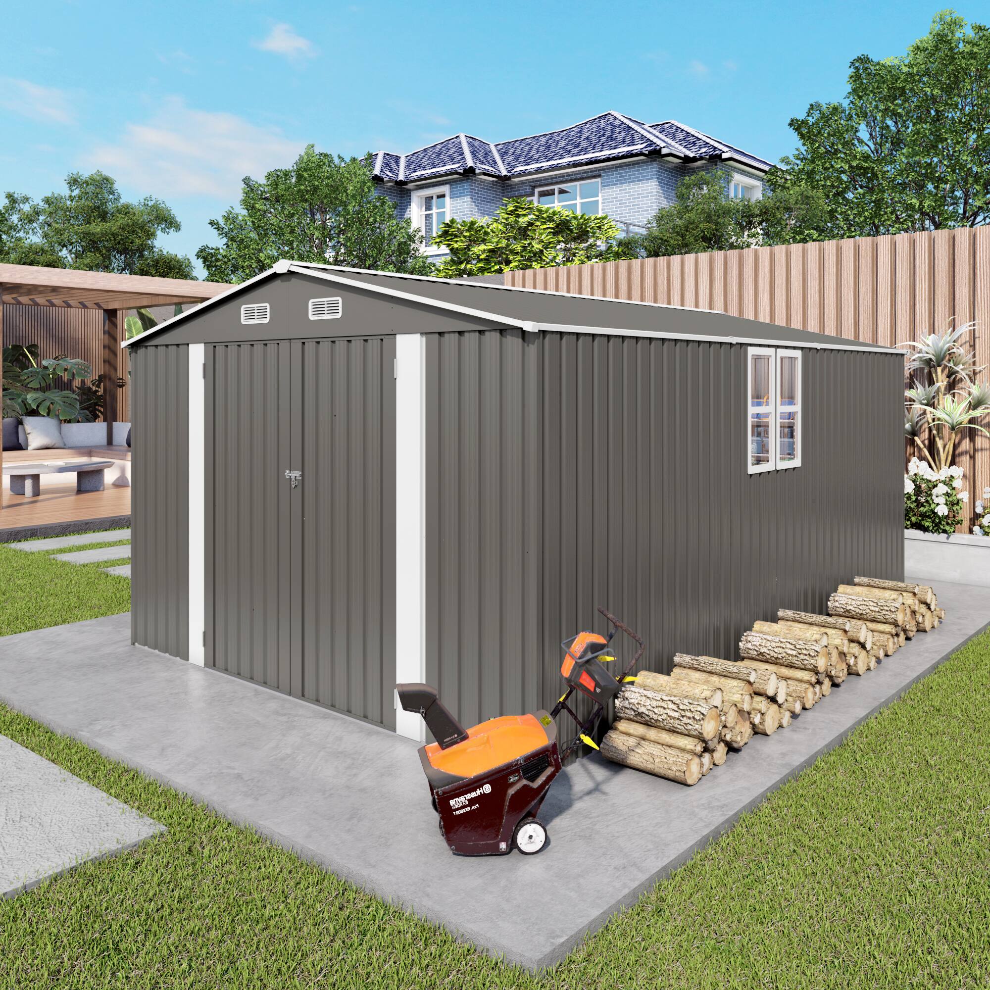 Angle. Mondawe - 10x14 FT Outdoor Metal Storage Shed with Three Lockable Doors and Clear Window - Gray.