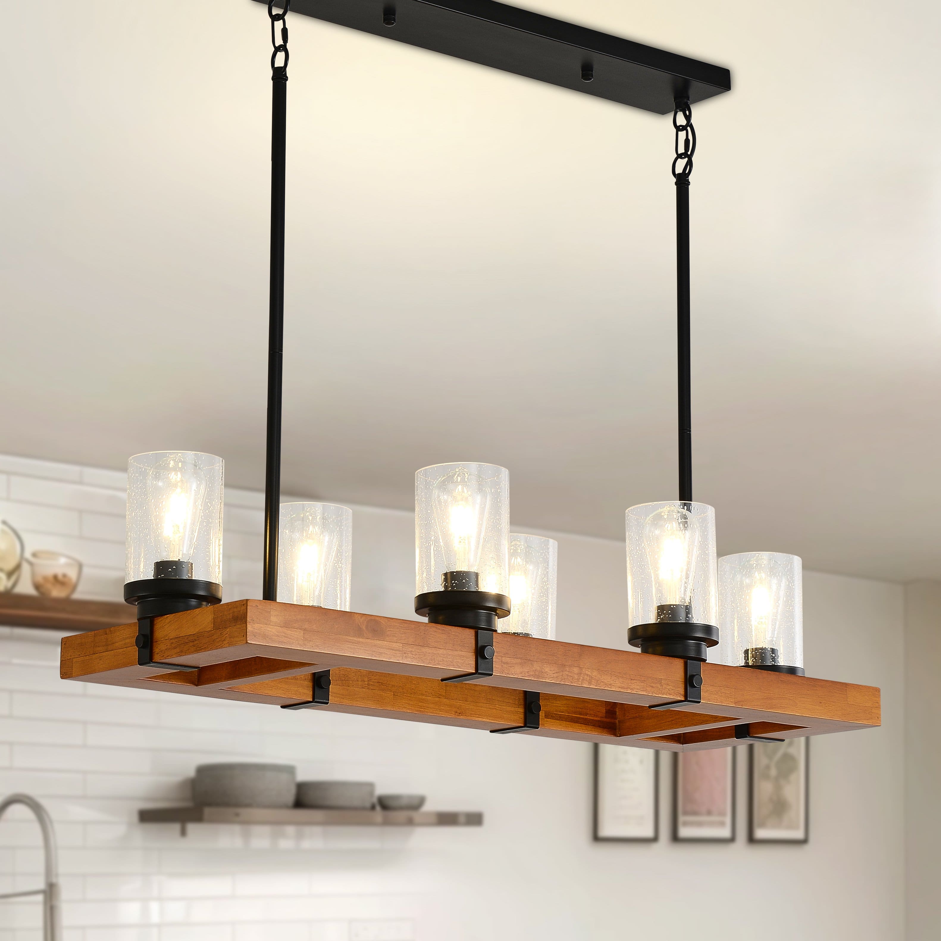 Front. RYHNUYNE - 6-Light Farmhouse Wood Chandelier with Seeded Glass Shades - Rustic Rectangular Pendant Light for Dining Room Kitchen - Black.