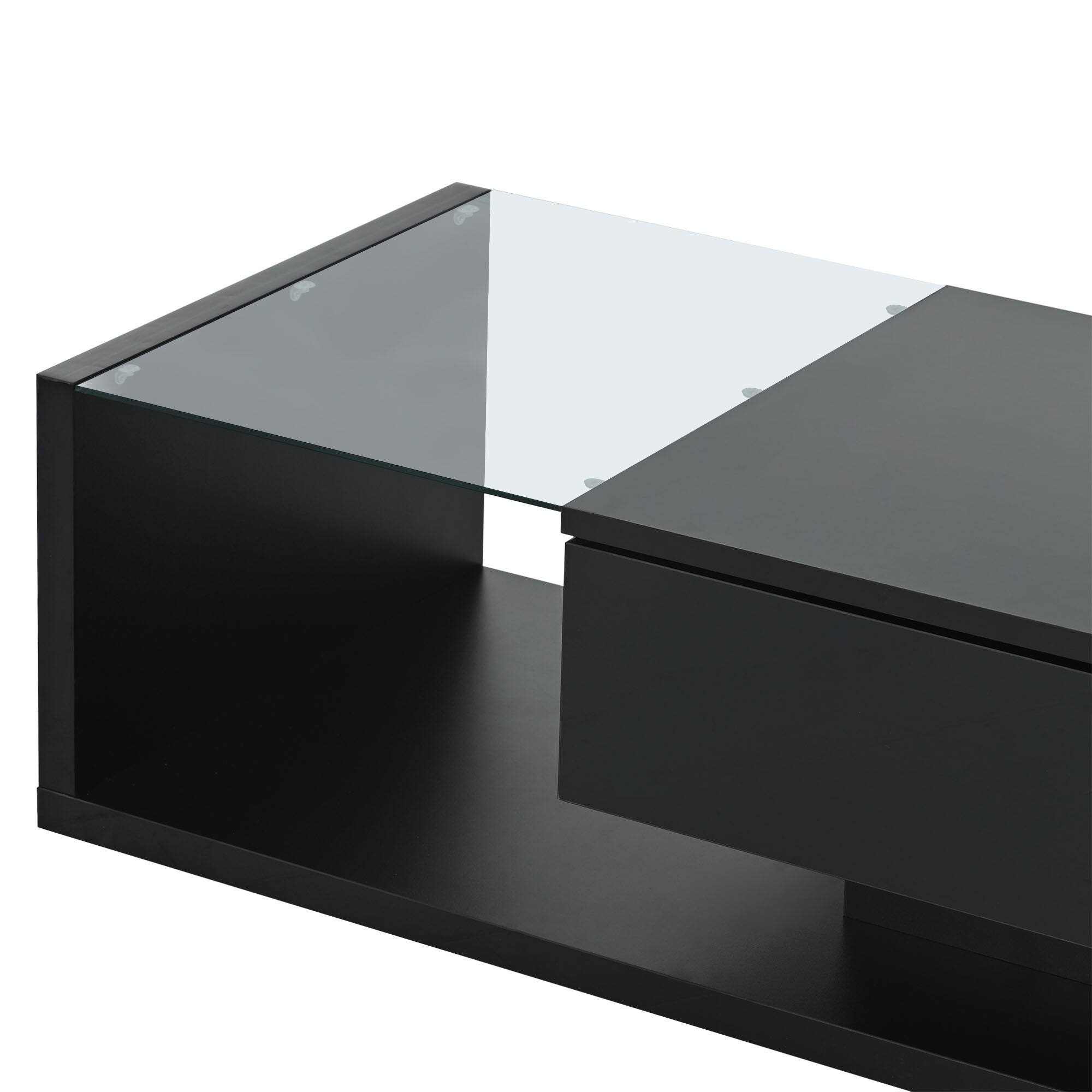 Alt View 10. Tiramisubest - Modern Coffee Table with Tempered Glass,Wooden Modernist 2-Tier Rectangle Center Table with High-gloss UV Surface,Black - Black.