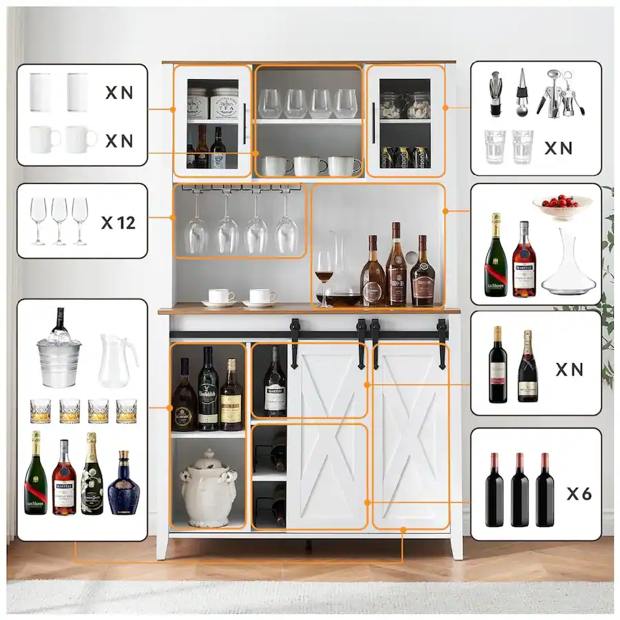 GARVEE Farmhouse Wine and Coffee Bar Cabinet with Hutch, Tall Kitchen ...