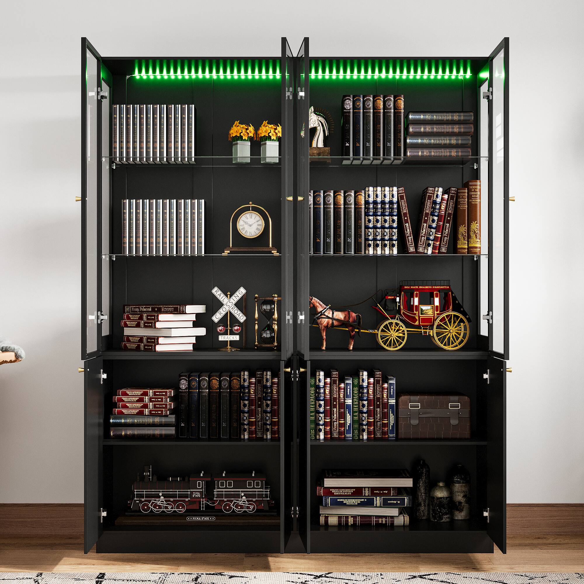 Sure, here is the corrected and grouped text from the image:

**Top Shelf:**
- (No visible text)

**Second Shelf:**
- (No visible text)

**Third Shelf:**
- (No visible text)

**Fourth Shelf:**
- (No visible text)

**Fifth Shelf:**
- (No visible text)

**Sixth Shelf:**
- (No visible text)

**Seventh Shelf:**
- (No visible text)

**Bottom Shelf:**
- (No visible text)

**Additional Items:**
- (No visible text on decorative items or books)

The image does not contain any discernible text on the books or decorative items.