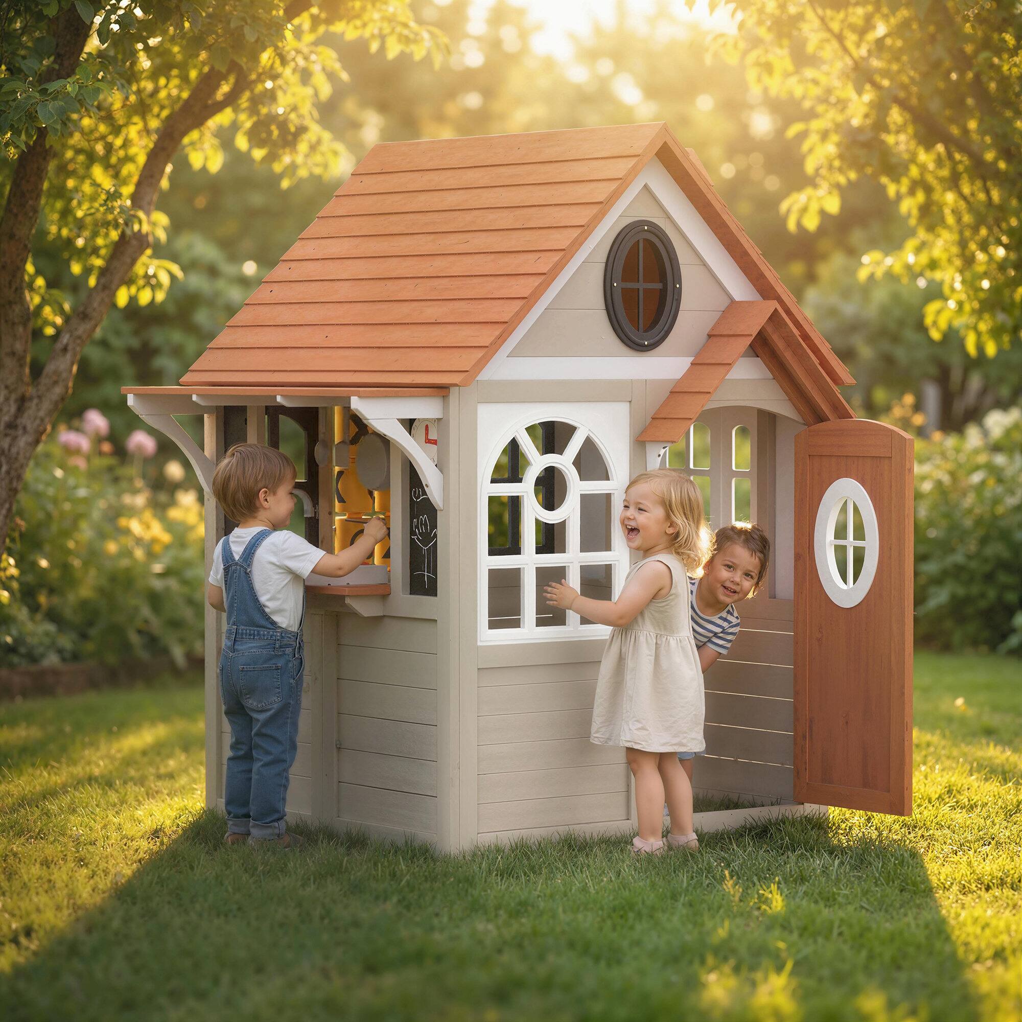Alt View 1. Qaba - Playhouse, Wooden Kids Playhouse with Dog Door, Cookware, Blackboard, Clock - Gray.