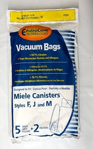 A MUST FOR ALLERGY SUFFERERS!!  
P205  
EnviroCare TECHNOLOGIES Vacuum Bags  
99.7% Filtration Traps Microscopic Particles and Allergens  
Filtracion 99.7% Particulas et Allergenes Microscopiques de Piges  
99.7% Filtrarin Particulas Alergenicos Microscjicos de los Desvios  

to Fit:  
Concus Pour:  
Diseñado a Medida:  
Designed Miele Canisters  
Styles F, J and M  

BAGS SACS + 2 FILTERS 5 BOLSAS