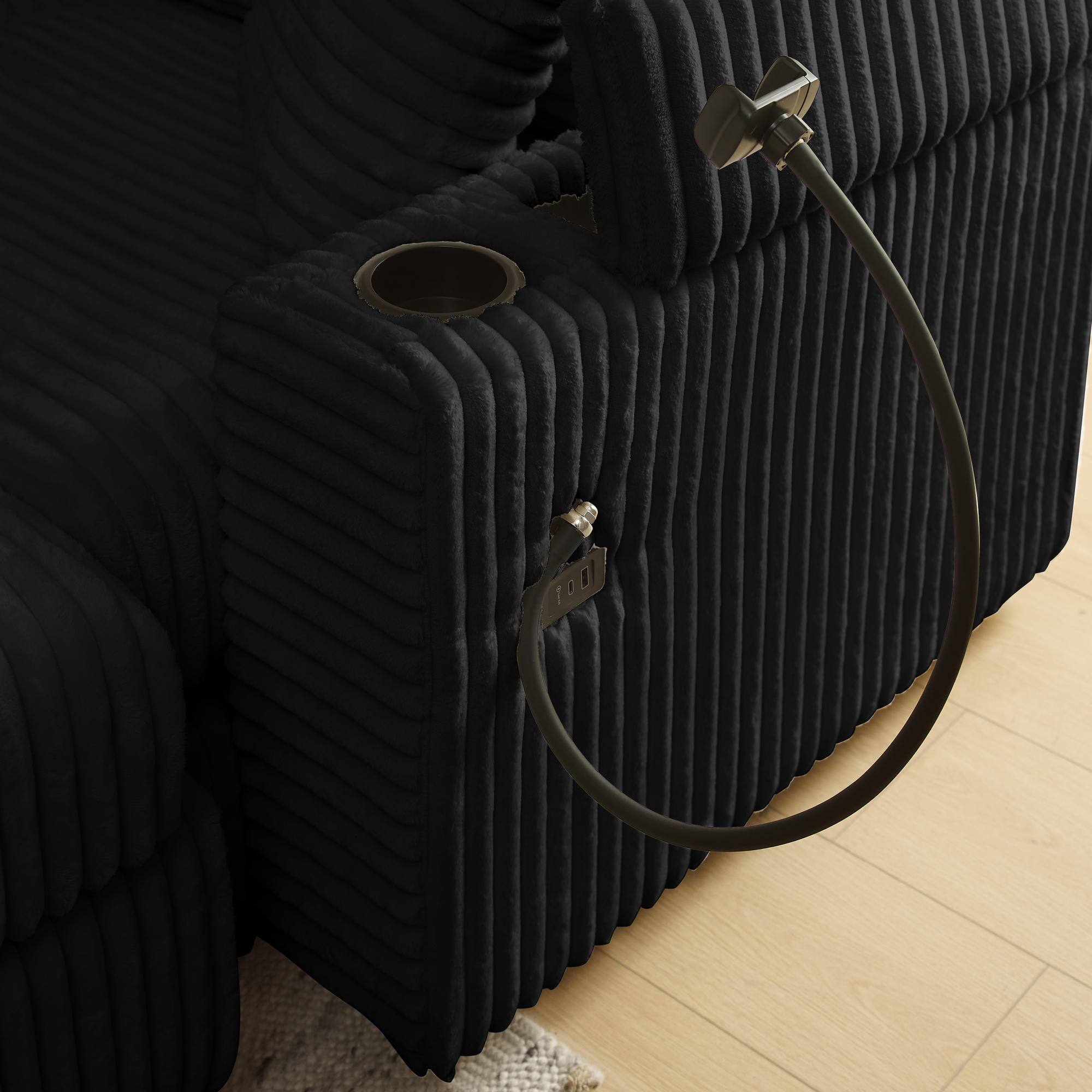 Alt View 7. Meqiodas - Corduroy L-Shaped Sectional Sofa with Ottoman, Comfy Cloud Couch with Charger, Cup Holders & Armrest Storage - Black(3+1).