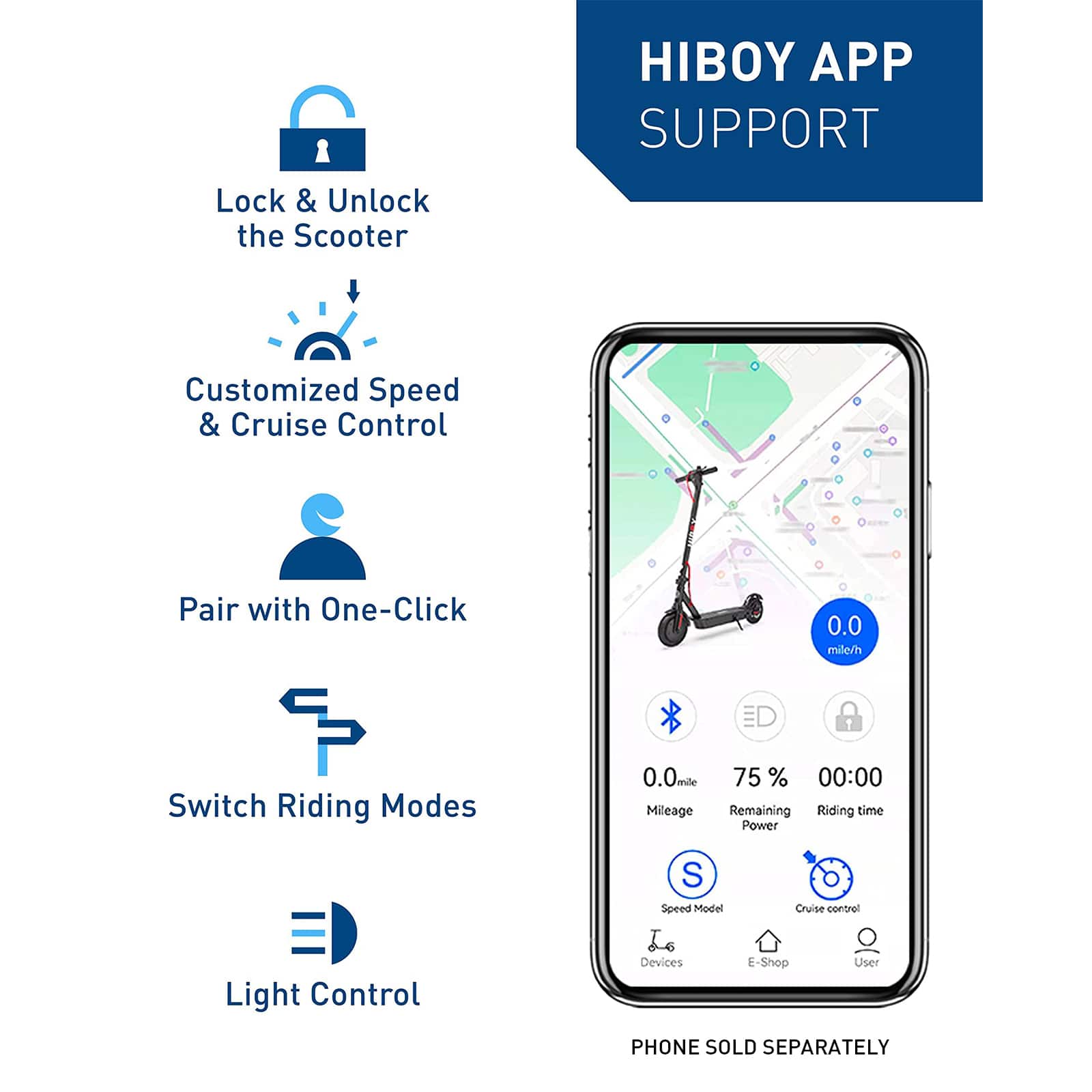HIBOY APP SUPPORT Lock & Unlock the Scooter Customized Speed & Cruise Control Pair with One-Click 0.0 millerh 1 Switch Riding Modes 0.0mle 75% 00:00 Mileage Remaining Riding time Power Light Control S Speed Model Le Devices Cruise control E-Shop User PHONE SOLD SEPARATELY