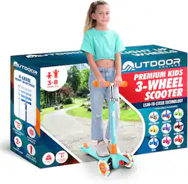 Outdoor Cruiser - 3-Wheel Scooter – LED Wheels, 4-Level Adjustable Handle, for Kids Ages 3-8 - Aqua & Orange