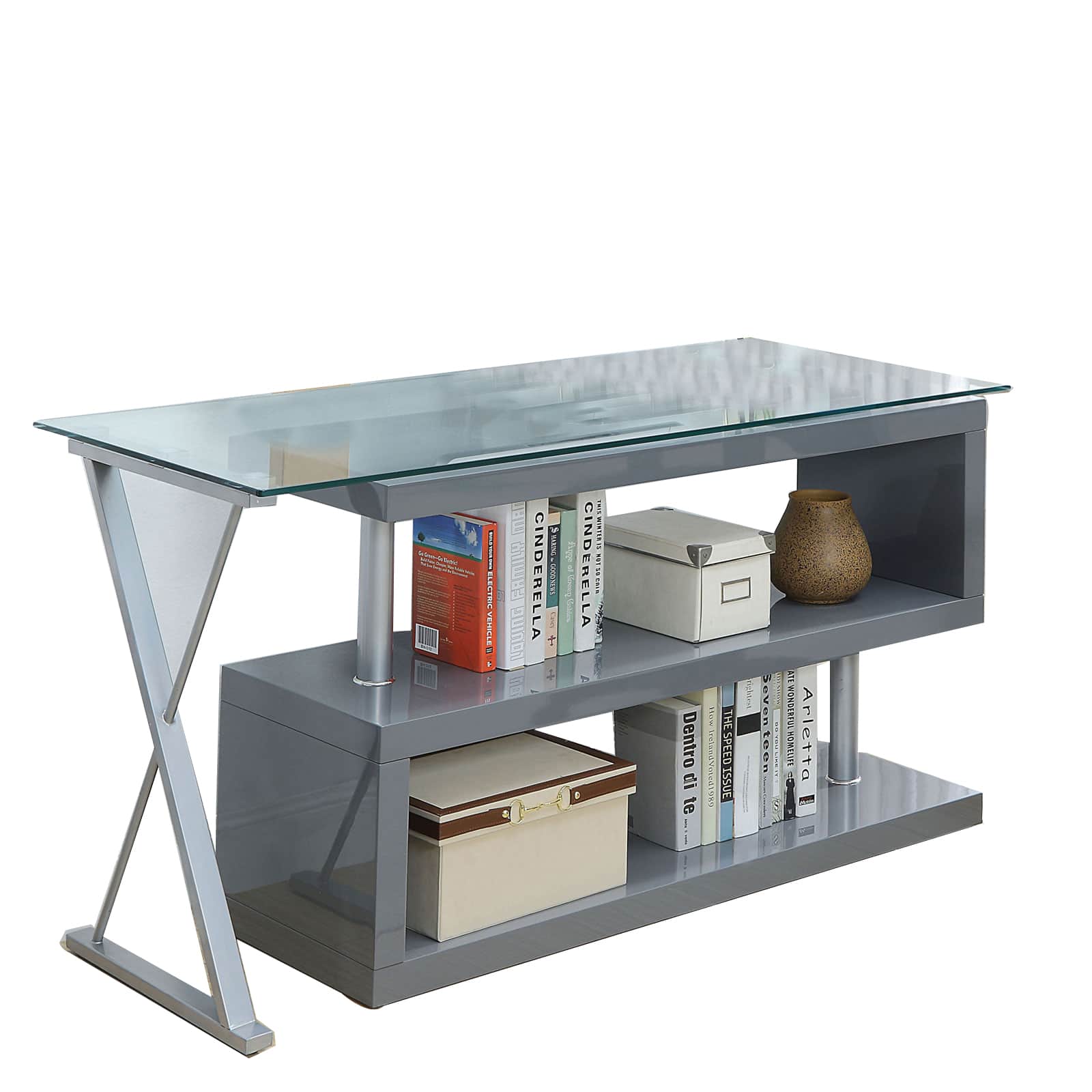Manhattan Lane - Movable Glass Top Computer Desk with X Shaped Side Panel - Gray and Clear
