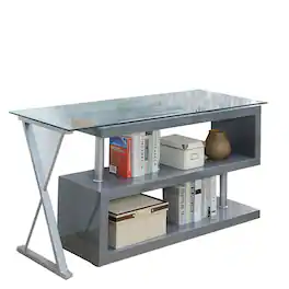 Manhattan Lane - Movable Glass Top Computer Desk with X Shaped Side Panel - Gray and Clear