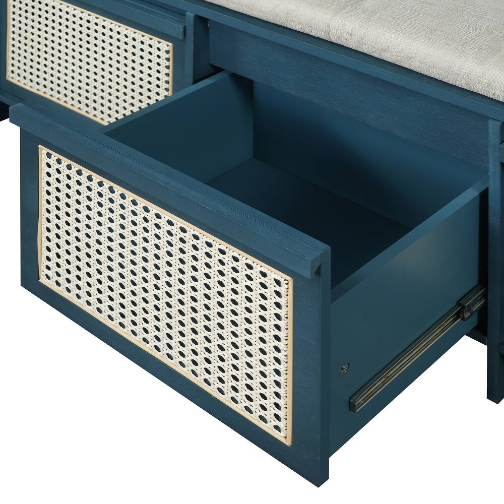 Alt View 10. Ropilly - Ropilly 48 Inch Entryway Shoe Bench with Rattan Drawers, Tufted Cushion and Hidden Storage, Antique Navy - Antique Navy.