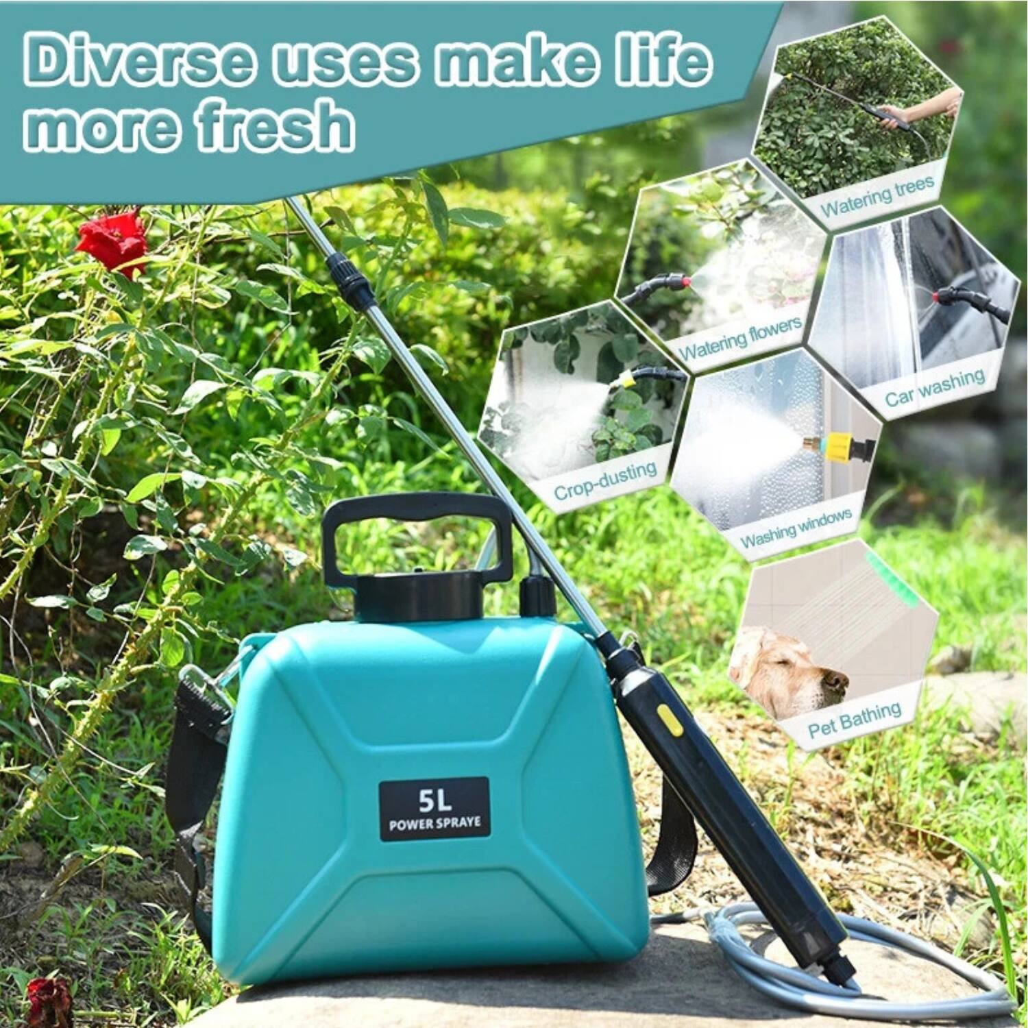 Diverse uses make life more fresh

- Watering trees
- Watering flowers
- Car washing
- Crop-dusting
- Washing windows
- Pet Bathing

5L POWER SPRAY