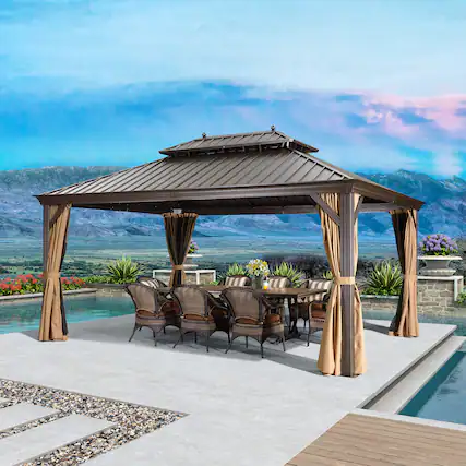Front. PURPLE LEAF - 12' X 16' Outdoor Aluminum Hardtop Gazebo with Metal Double Roof with Netting and Curtains, Khaki Permanent Pavilion - 12' X 16'.