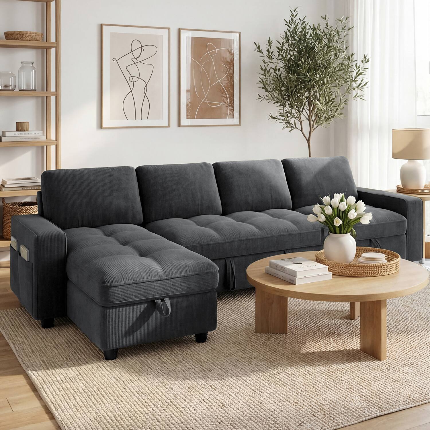 Alt View 1. Dyonery - Dyonery 81" L-Shaped Sleeper Sofa Bed with Pull-Out, Reclining Backrest, Storage Chaise & USB Ports, Chenille  Gray - Chenille + Gray.