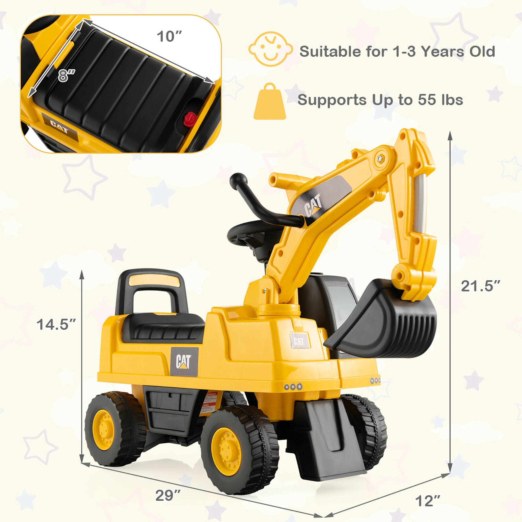 - Seat Height: 8"
- Seat Width: 10"
- Overall Height: 21.5"
- Overall Length: 29"
- Overall Width: 14.5"
- Arm Length: 12"
- Suitable for 1-3 Years Old
- Supports Up to 55 lbs