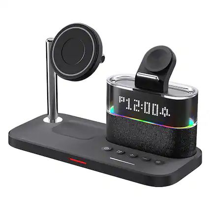 Front. YONWAY - 3 in 1 Portable Wireless Charger with Clock and RGB Lamp, Magnetic Charging Stand for iPhone, Watches, Airpods.