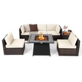 Mondawe - 7 Pieces Patio Furniture Set with 35 Inches 50000 BTU Propane Gas Fire Pit Table and Waterproof Cover for Firpit - White