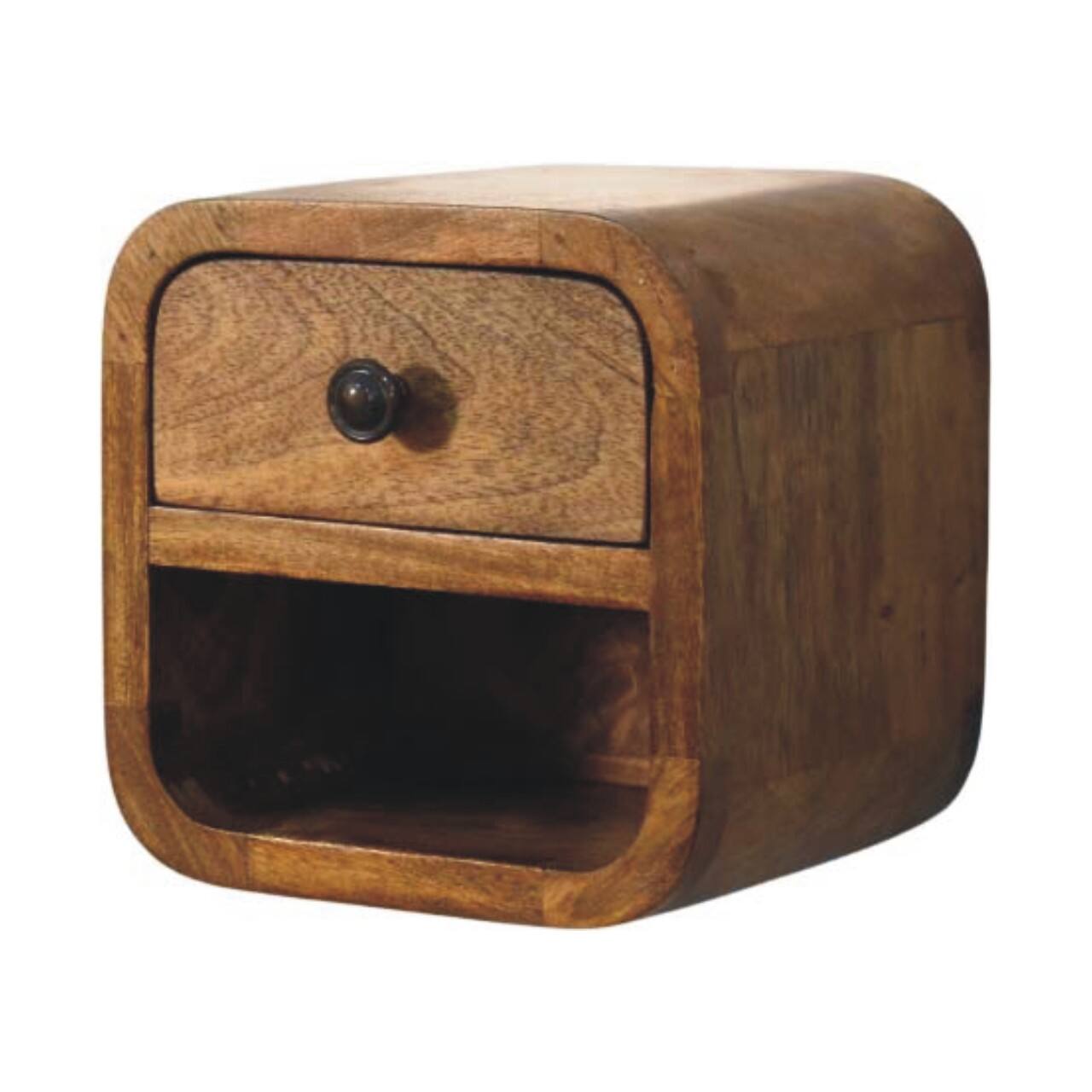 Left. Artisan Furniture - Artisan Furniture Solid Wood Curved Wall Mounted Bedside, 1 Drawer, 1 Open Slot, Light Brown - Brown.