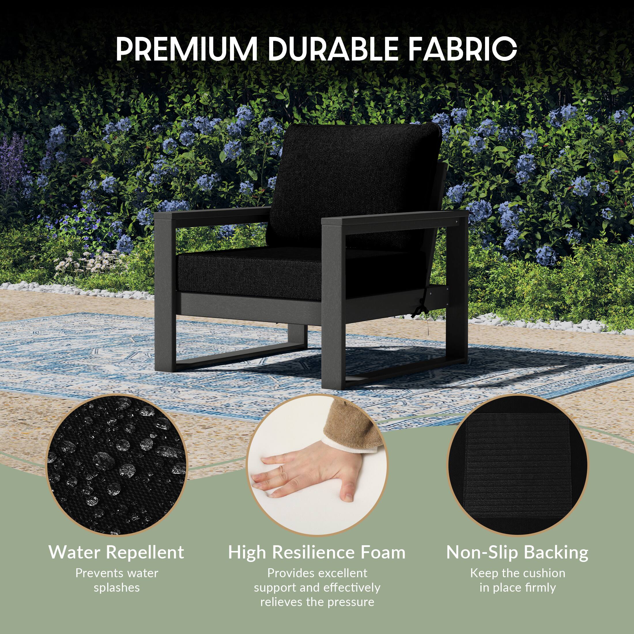 PREMIUM DURABLE FABRIC

Water Repellent
Prevents water splashes

High Resilience Foam
Provides excellent support and effectively relieves the pressure

Non-Slip Backing
Keep the cushion in place firmly