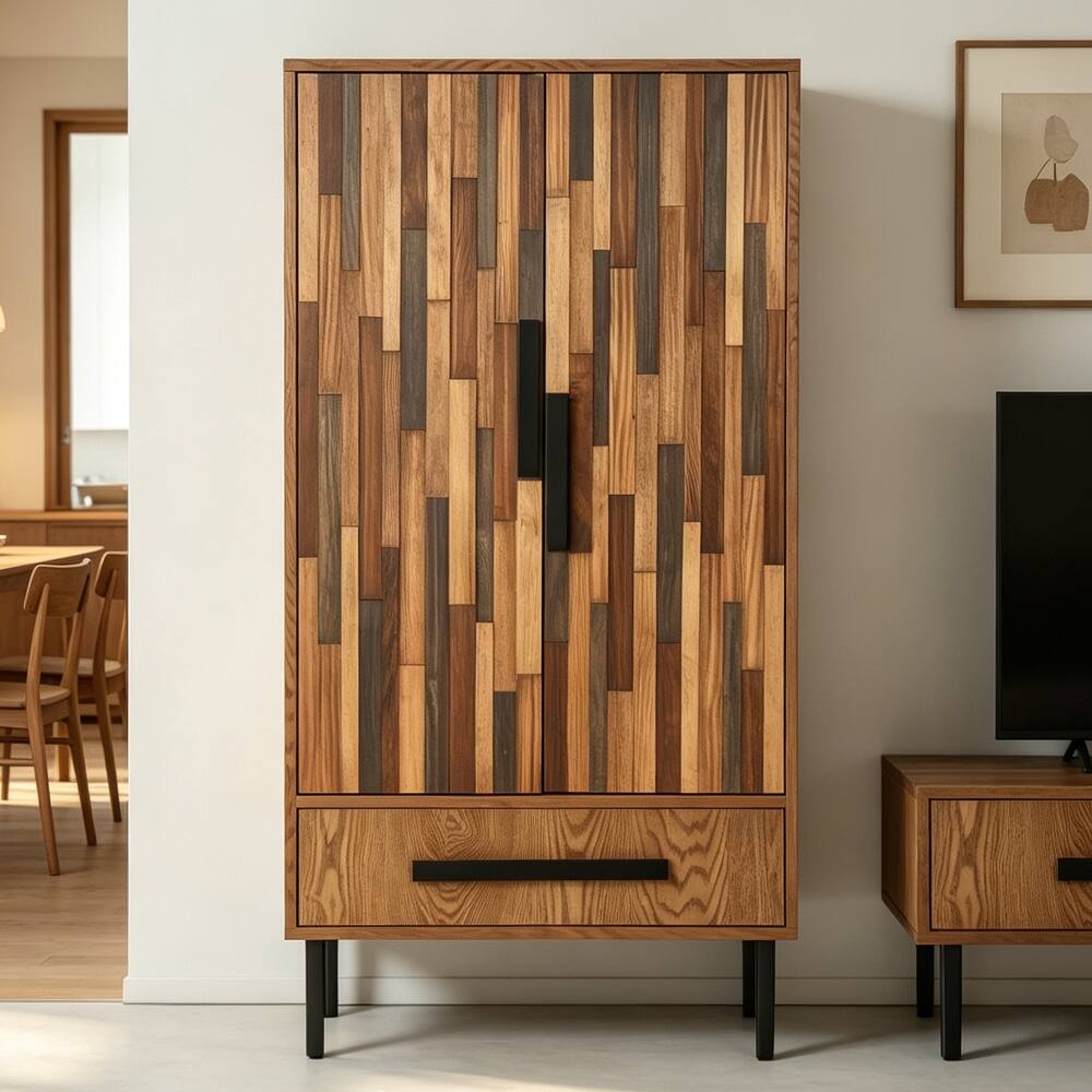Angle. Loheer - Loheer Tall Storage Cabinet with Drawer Wood Accent Sideboard for Living Room Hallway Freestanding Two Door Furniture - Ash Wood Grain.