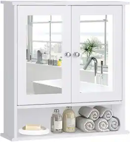 Winado - Wall Mount Bathroom Storage Cabinet Kitchen Cupboard Organizer W/ Mirror Doors - White