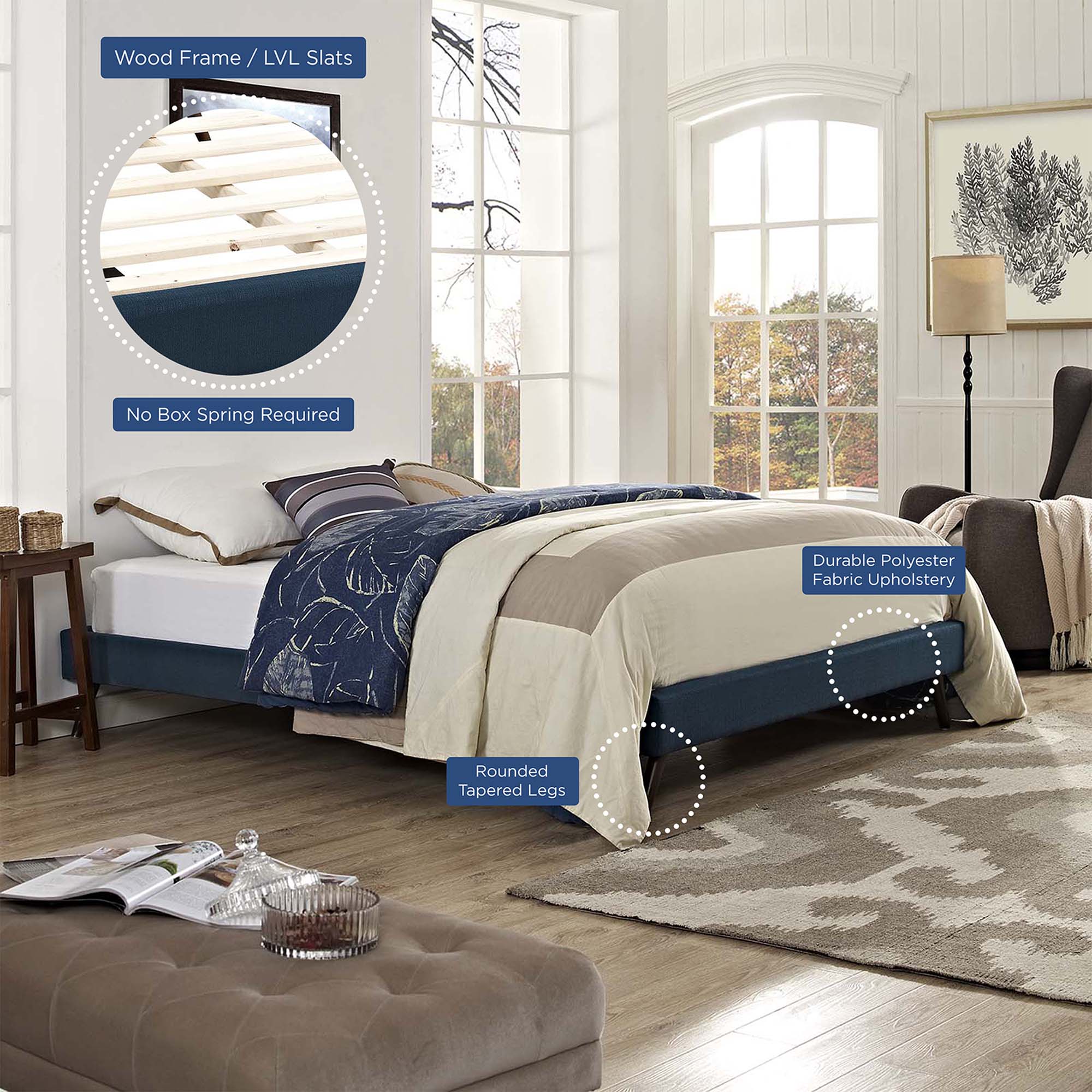 - Wood Frame / LVL Slats
- No Box Spring Required
- Durable Polyester Fabric Upholstery
- Rounded Tapered Legs
