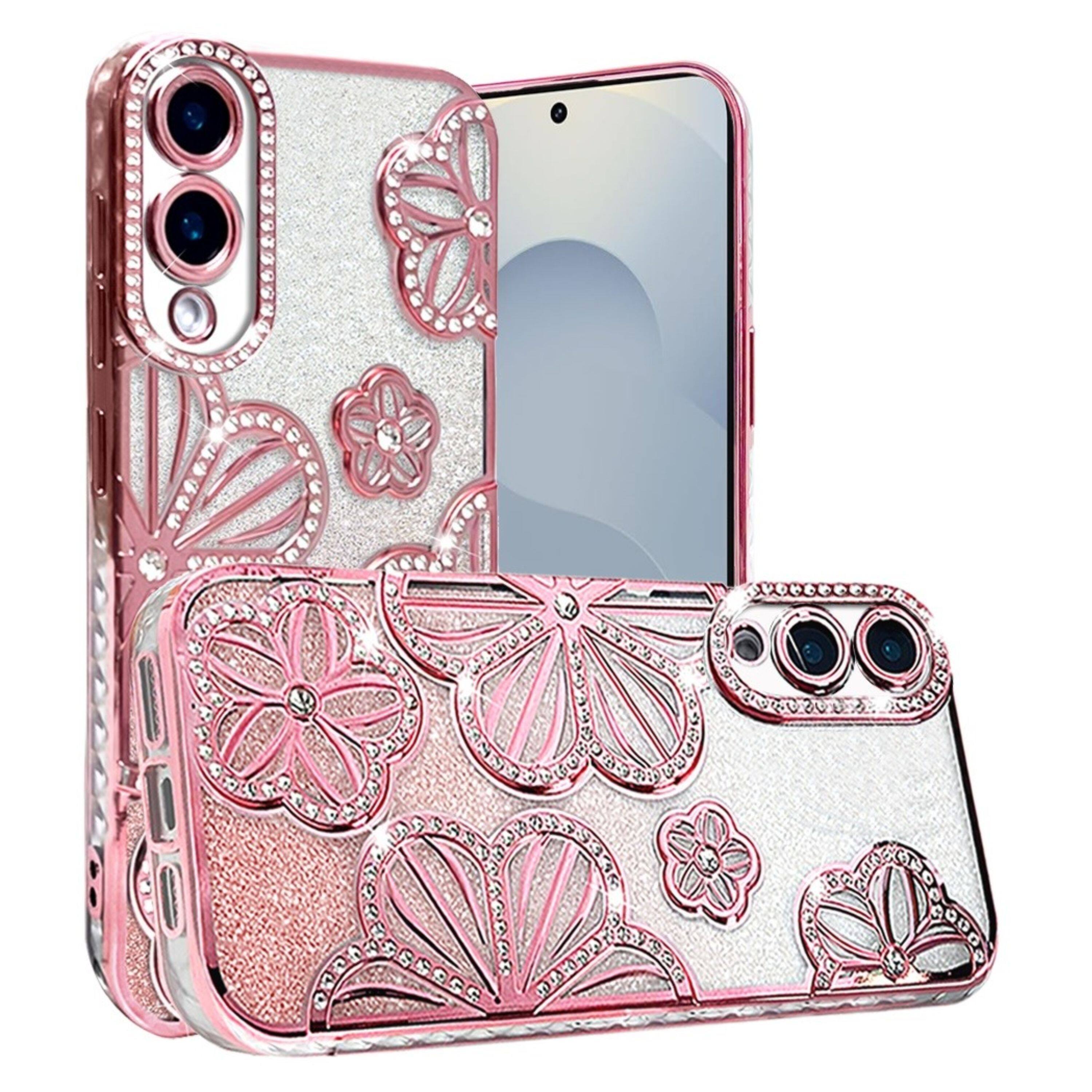 Angle. Kitcheniva - Floral 3D Glitter Phone Cover With Tempered Glass For Samsung Galaxy S25 Edge Rose Gold - Rose Gold.